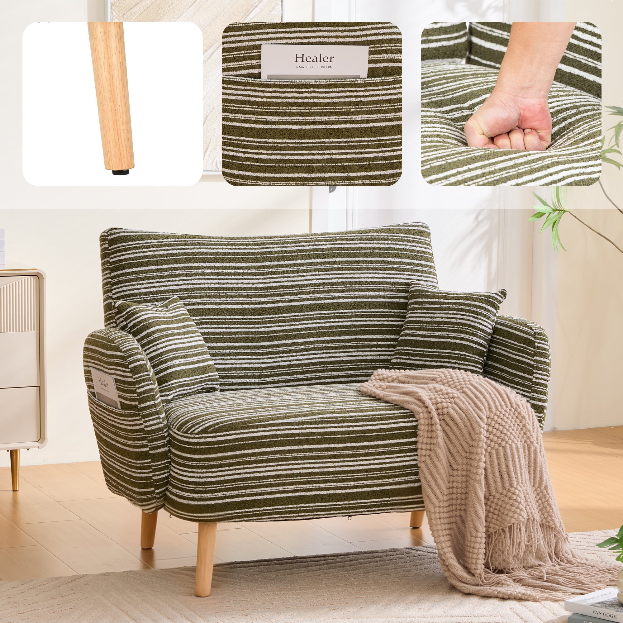 Modern Two-Seater Sofa with Comfortable Armrests and Storage Bag, Loop Fabric