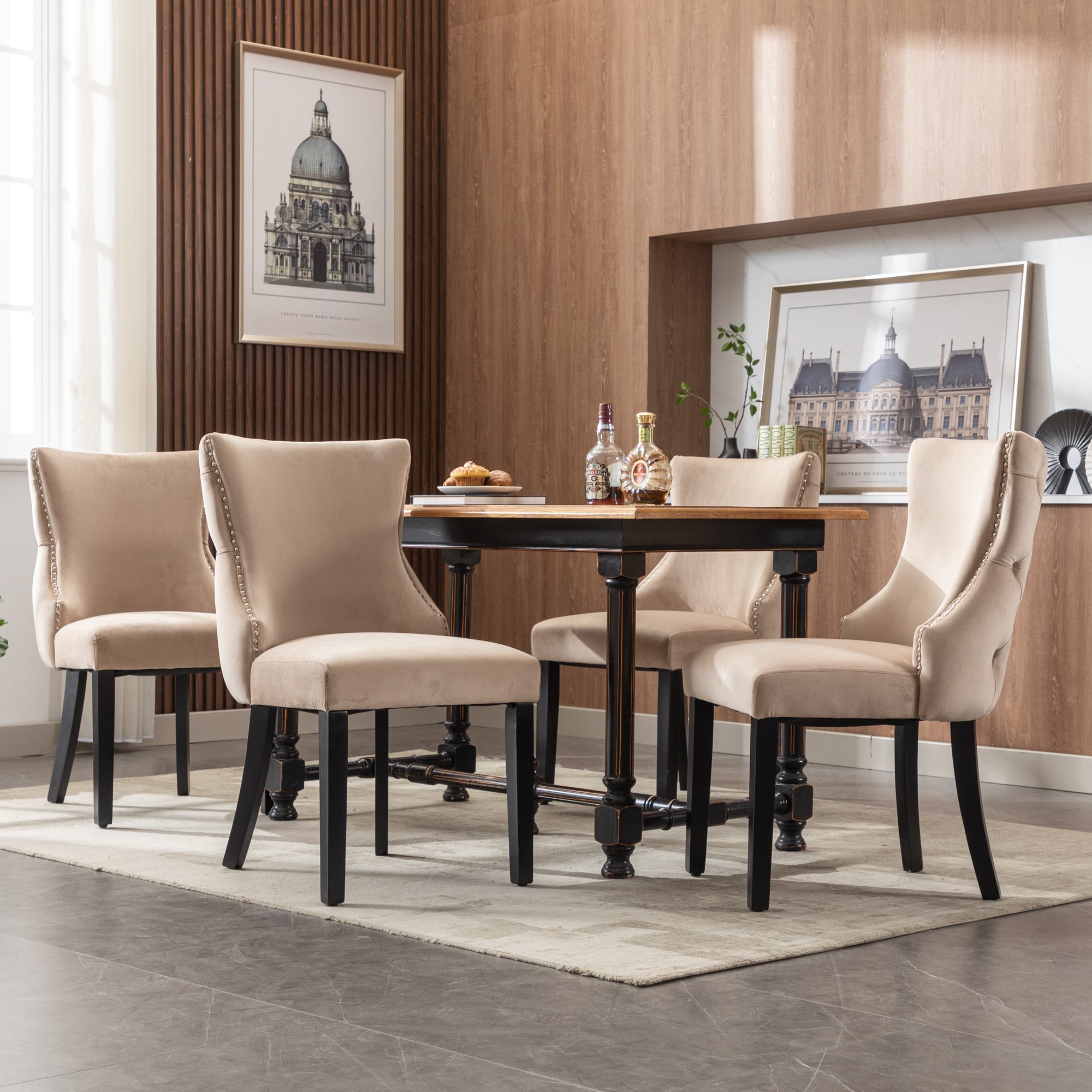 Set of 4 Dining Chairs Button Tufting Solid Wood Frame Beige Velvet