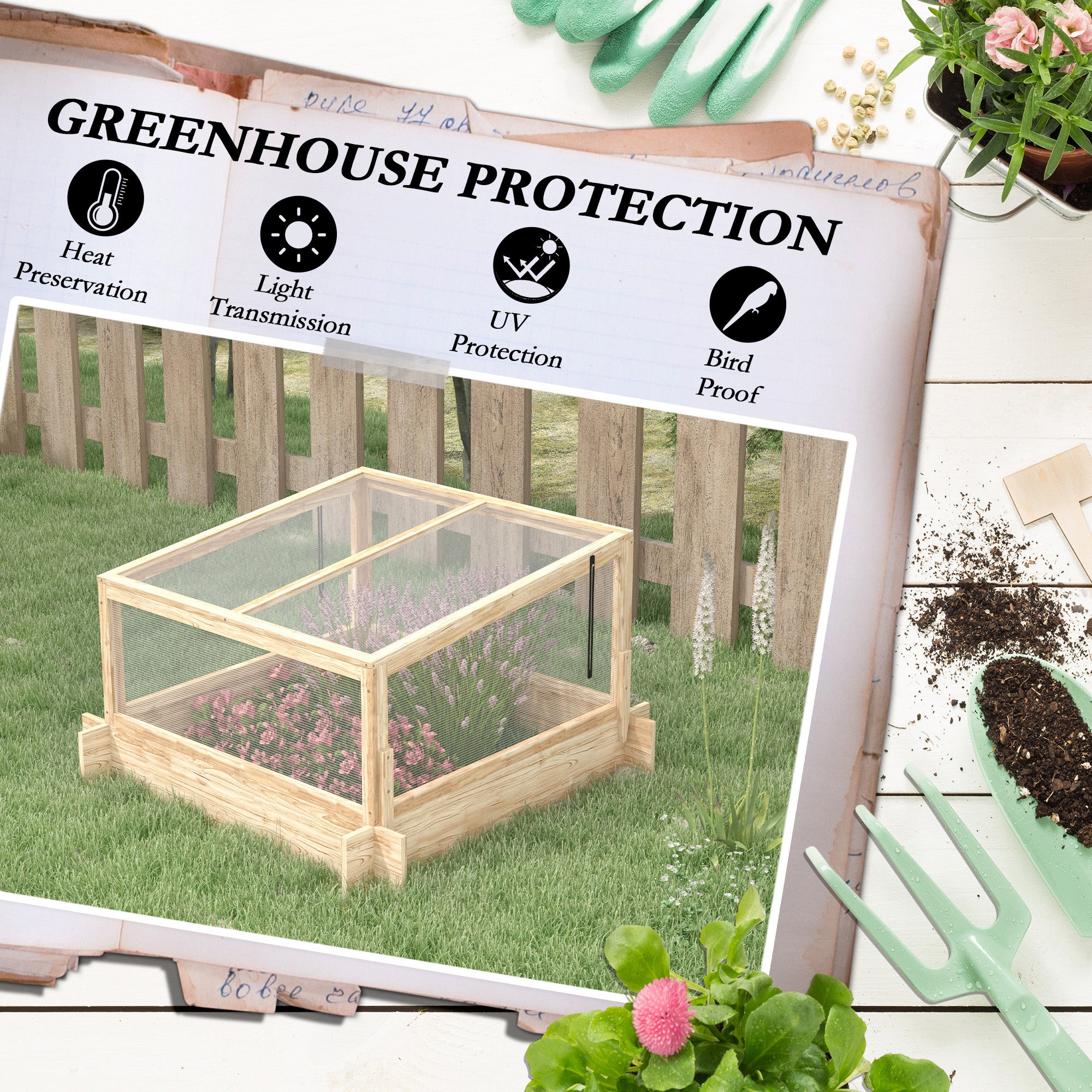 2-In-1 Greenhouse Planter Box, Duo Design Wooden, Natural