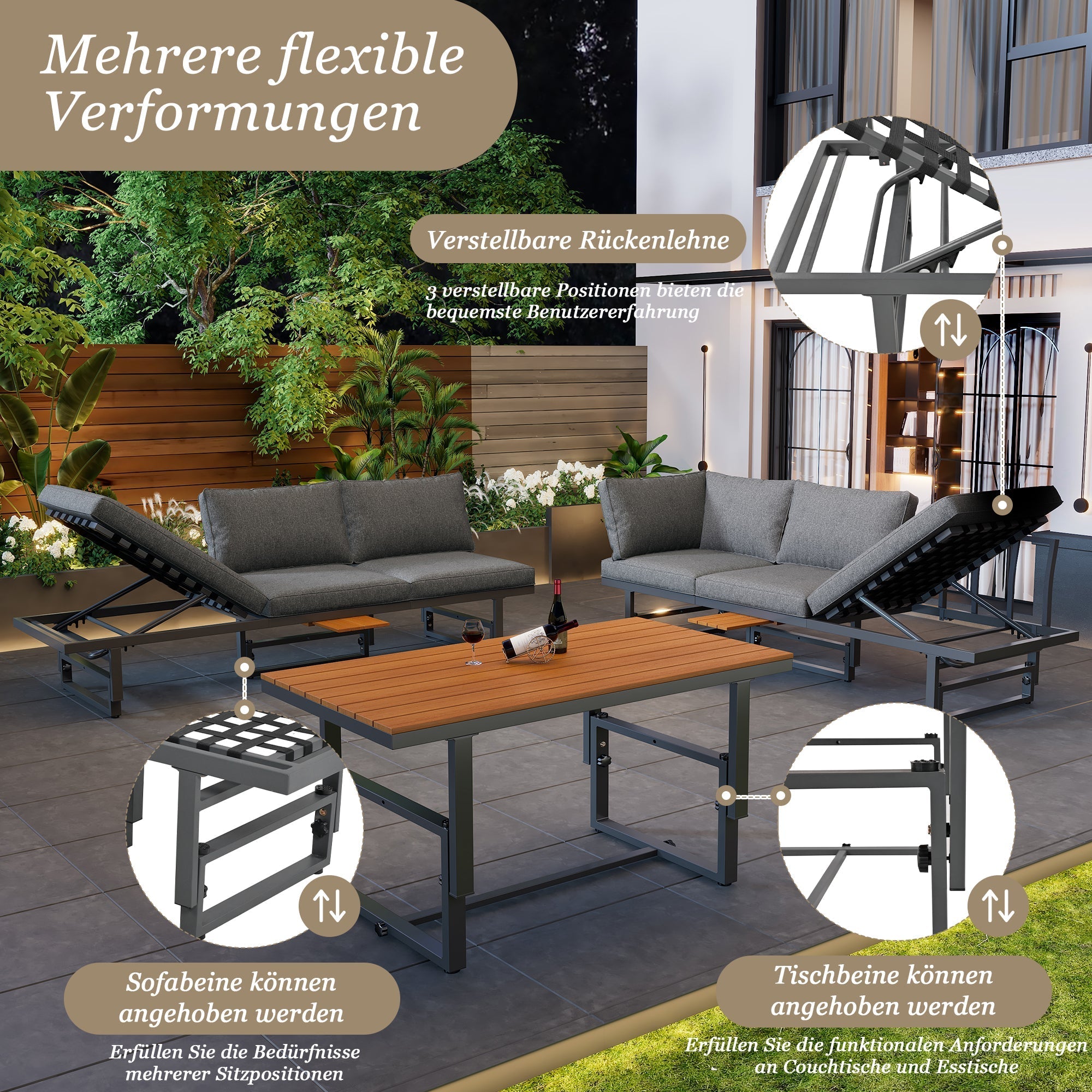 Outdoor Garden Furniture Set with Adjustable Table and Backrests, Galvanised Iron & Acacia Wood, Grey