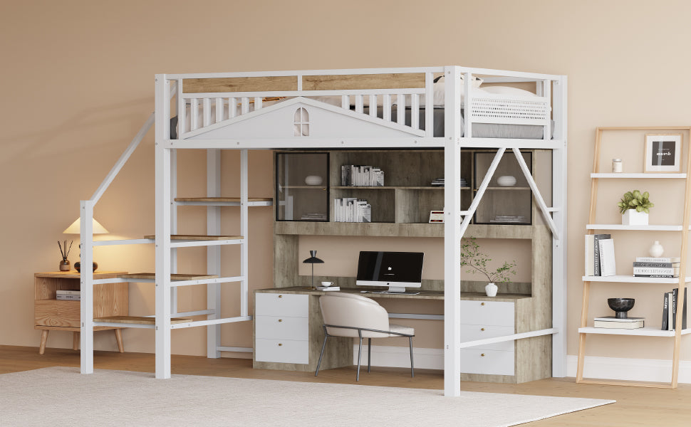 Metal Loft Bed, 140x200cm with Window Design, Safety Ladder, Storage, White