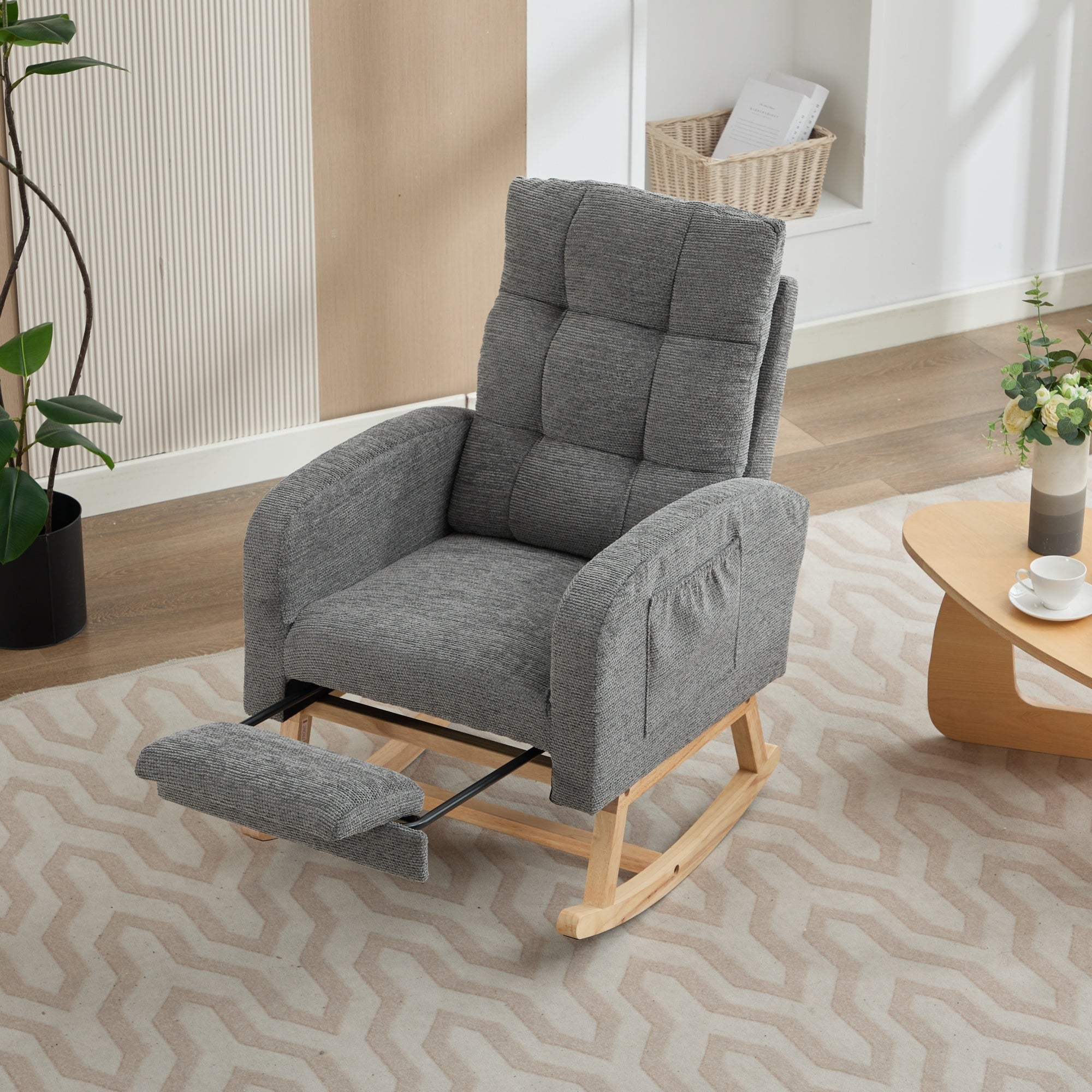 Rocking Chair with Adjustable Footrest, Solid Wooden Legs, Lounge Armchair, Grey Waffle Fabric