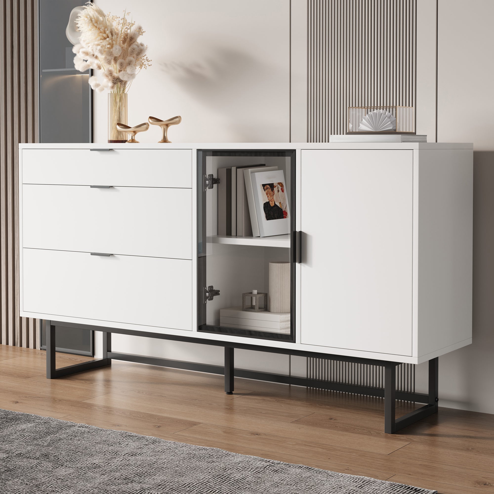 Sideboard Buffet Cabinet with 3 Drawers, Glass Doors and LED Lights, White Wood