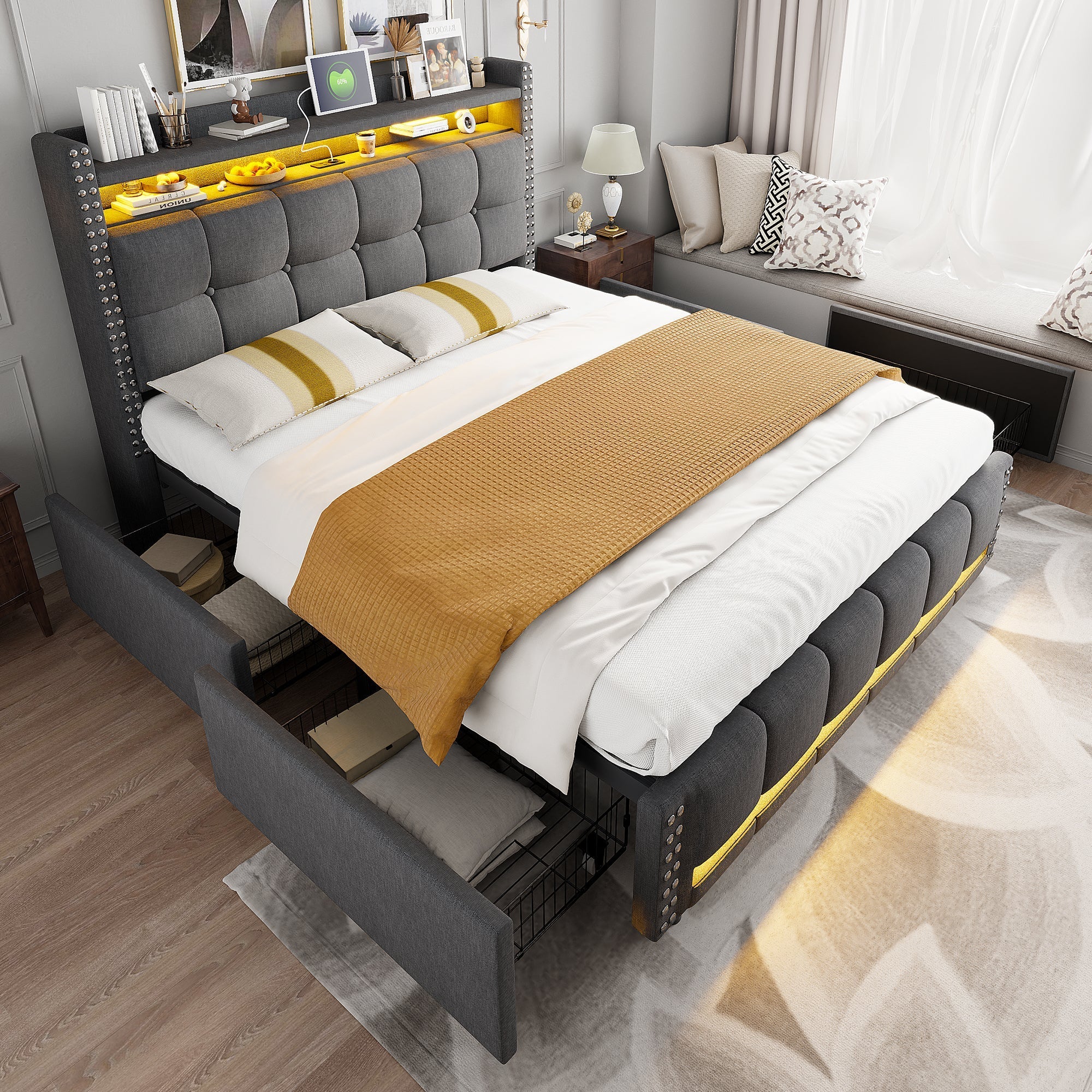Upholstered Bed with LED, USB, Shelves & 4 Drawers, Gray Linen