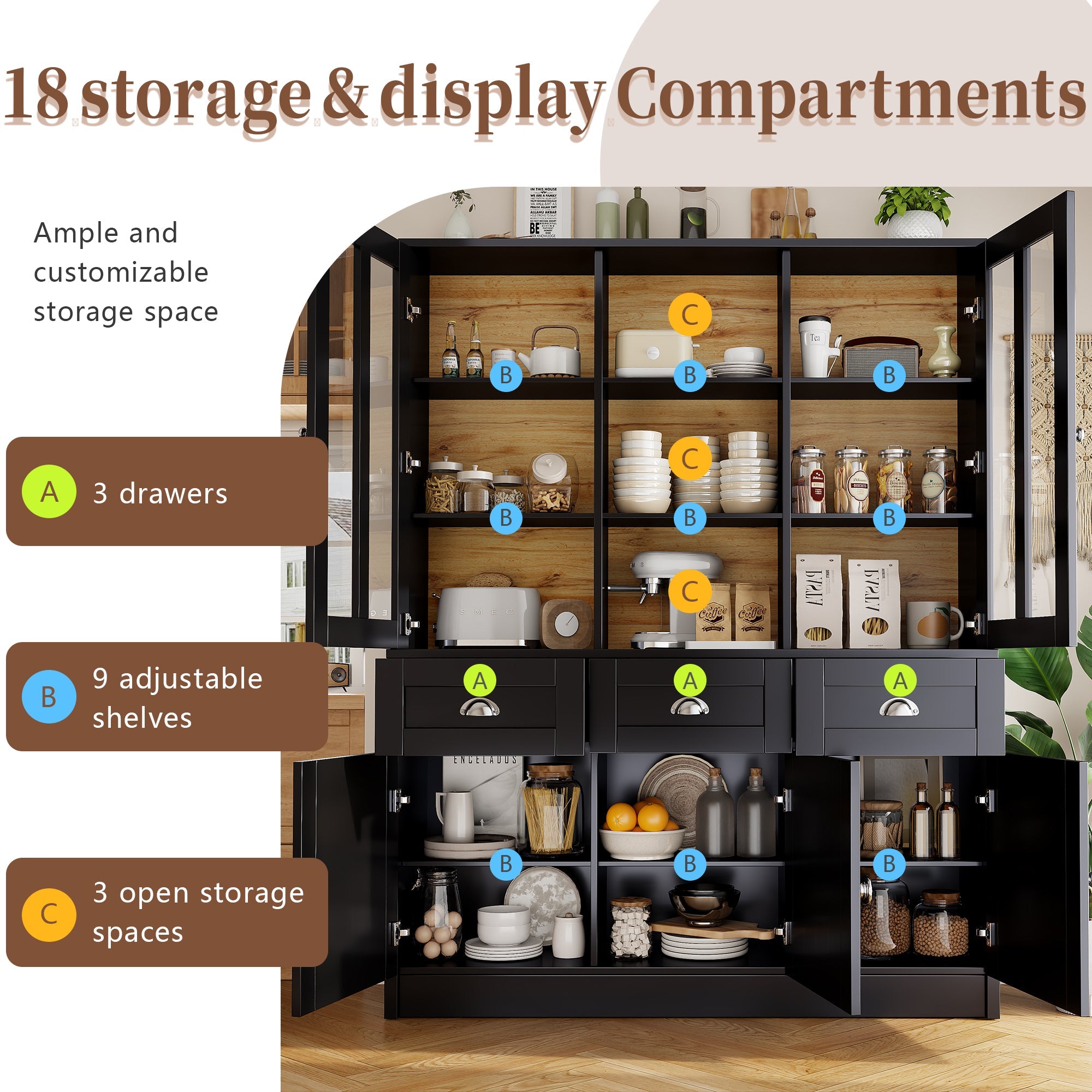 Minimalist Tall Display Cabinet with Drawers and Storage, Black