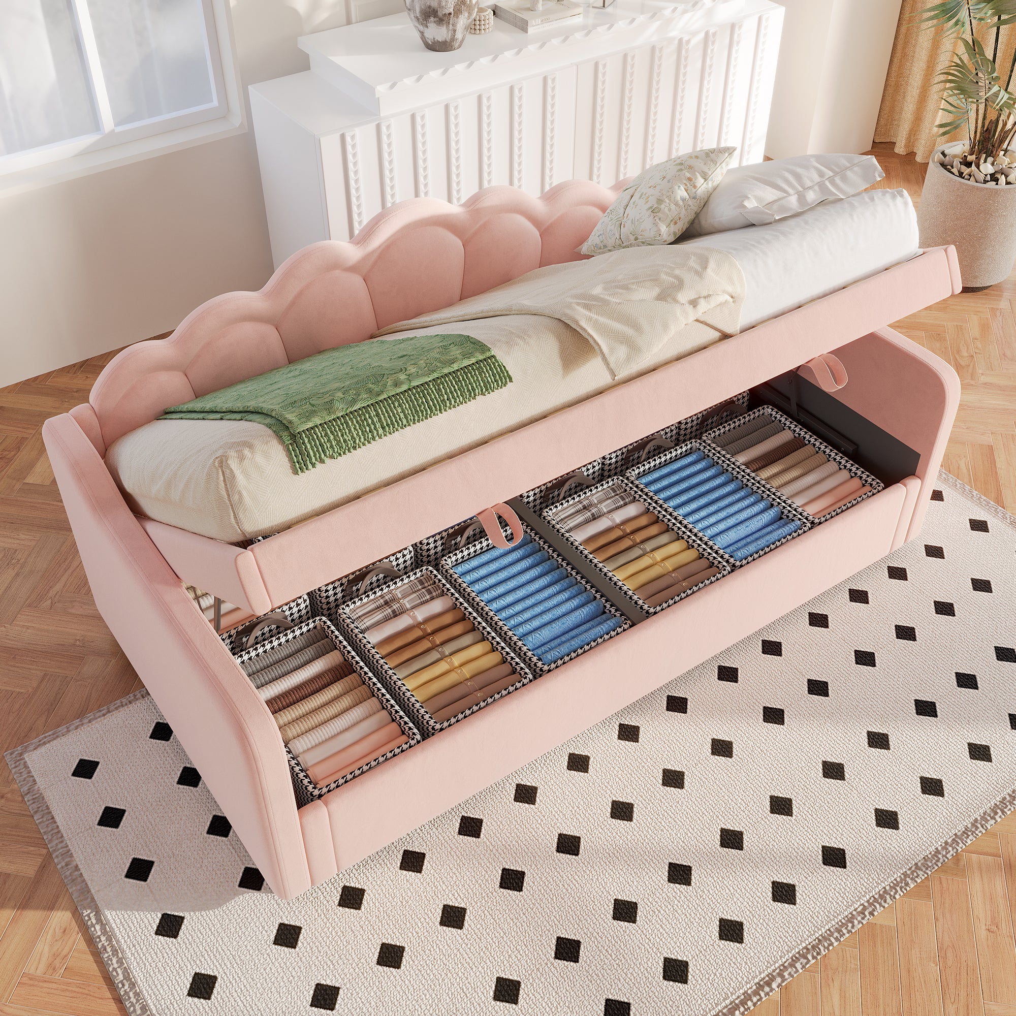 Single pink bed with storage