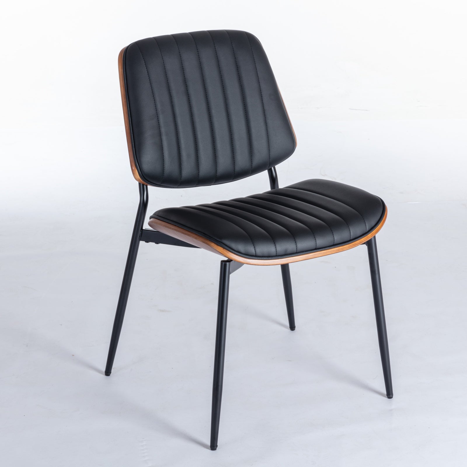 Dining Chairs Set of 2 Mid-Century Modern Retro Walnut Bentwood Back Upholstered Seat Metal Legs - Black Faux Leather