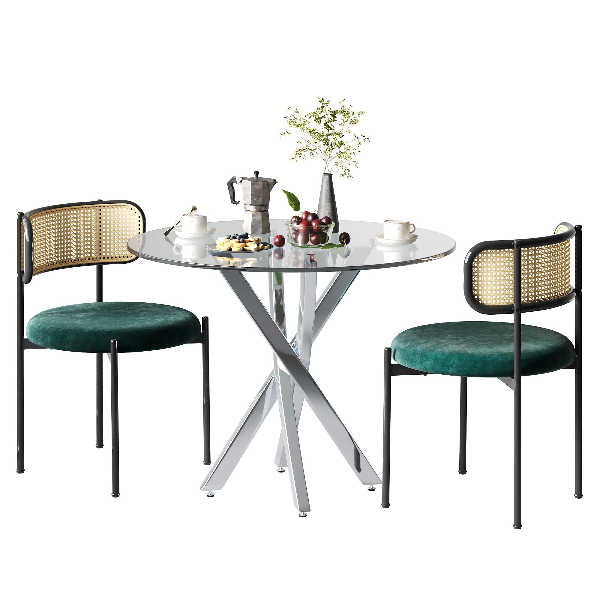 Dining Table Set with Tempered Glass Tabletop and 2 Chairs, Green and Silver