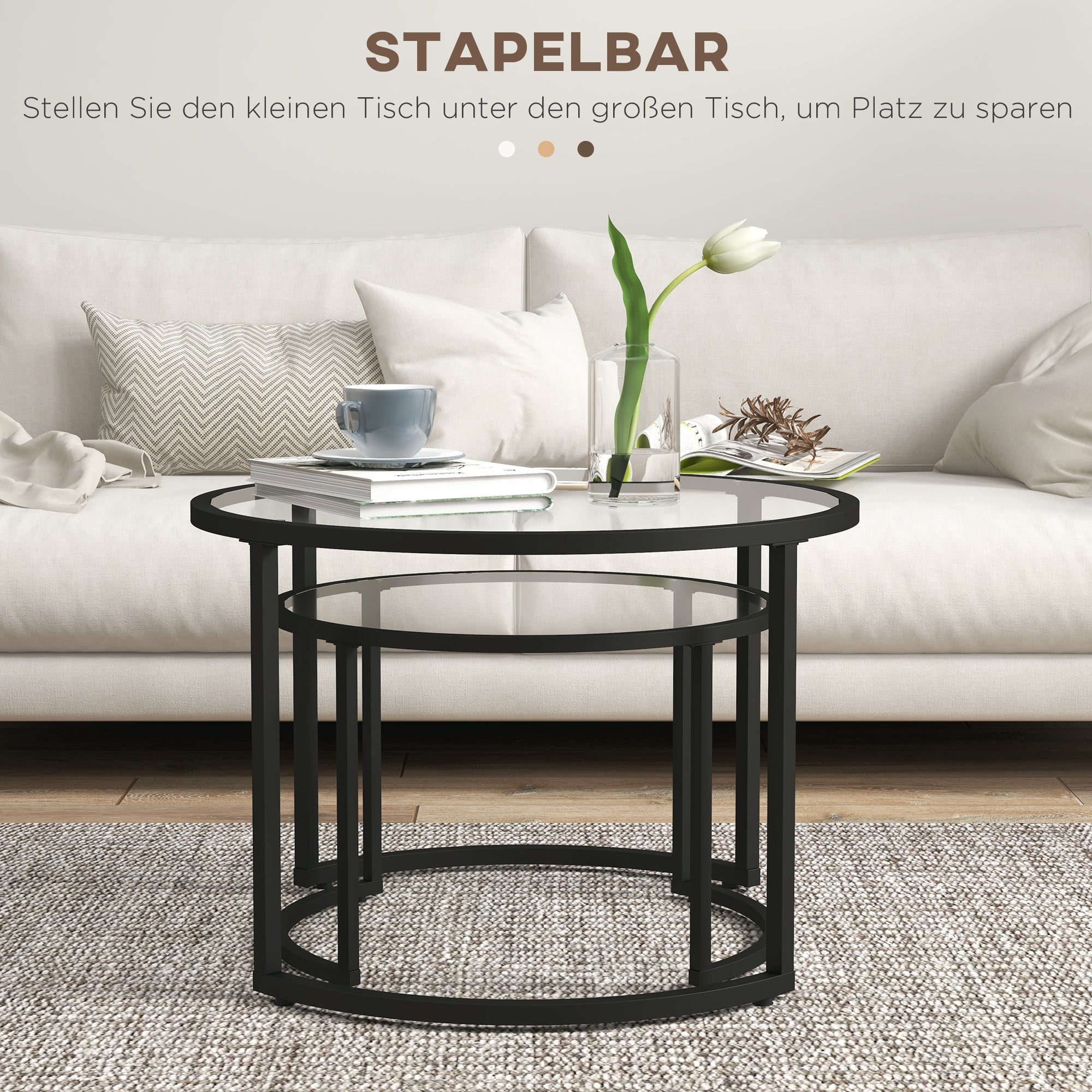 Couchtisch-Set 2-teilig, stapelbare Beistelltische, Stahl Schwarz & Sicherheitsglas