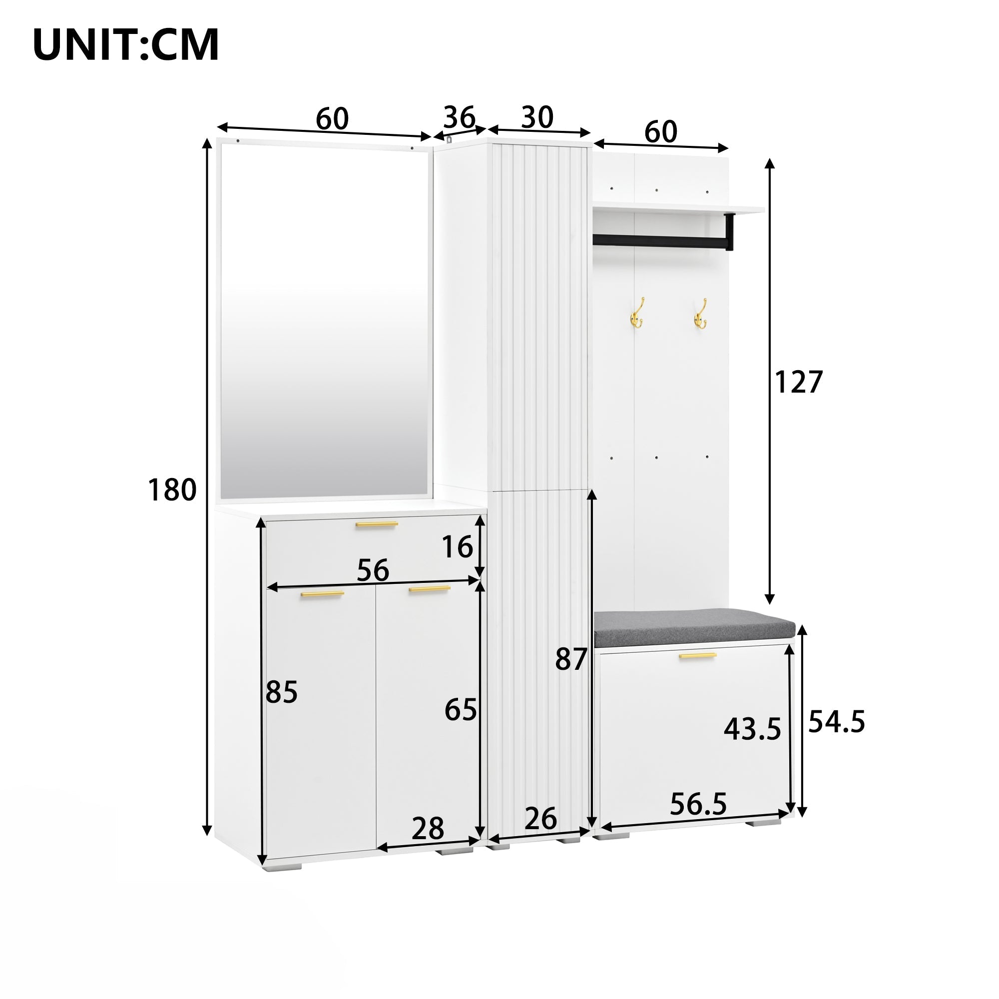 Wardrobe Set Compact Hallway Storage with Mirrored Sideboard Bench Shoe Rack 150x36x180 cm White