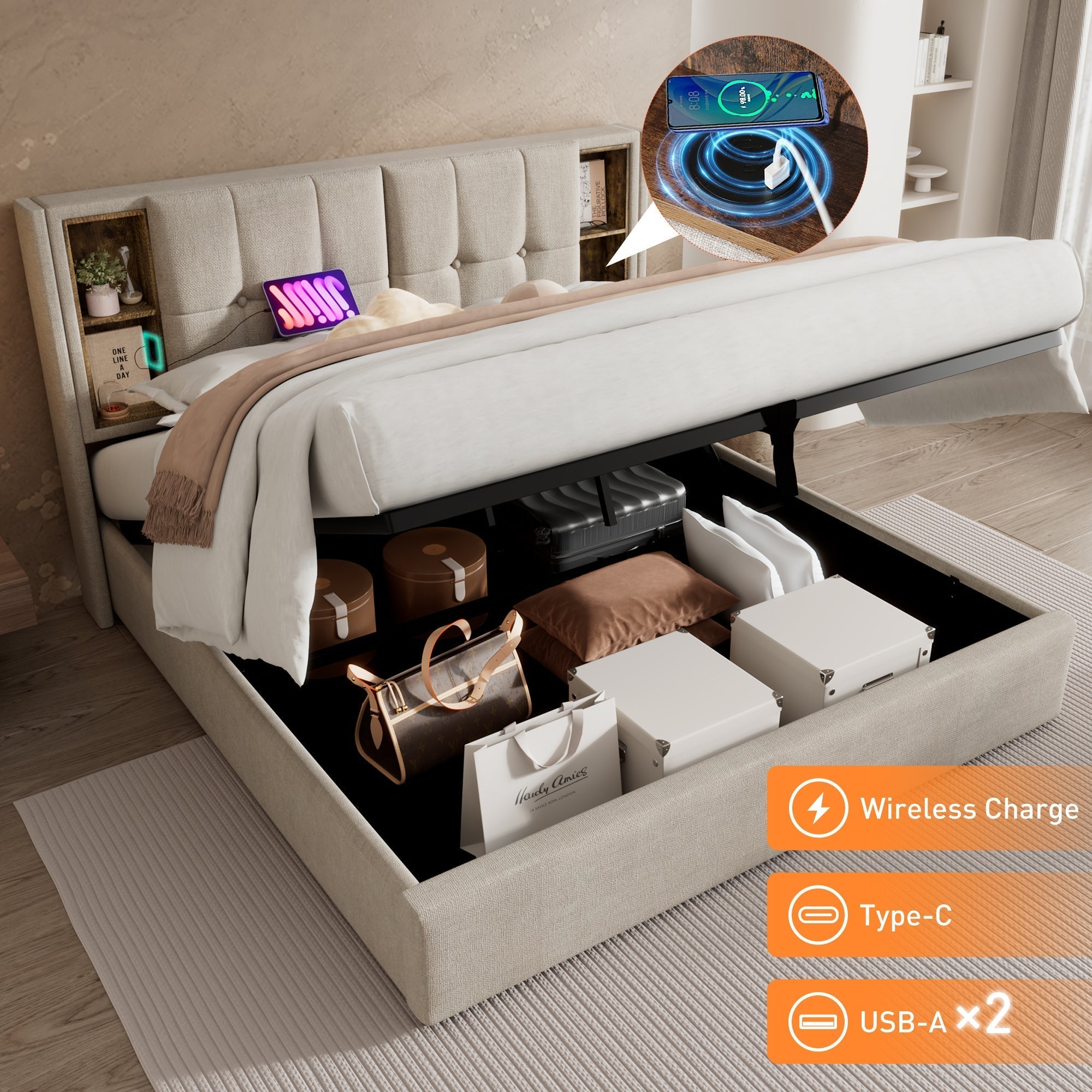 Double Bed Upholstered Frame 140x200cm, Wireless Charging USB C, Storage, Linen