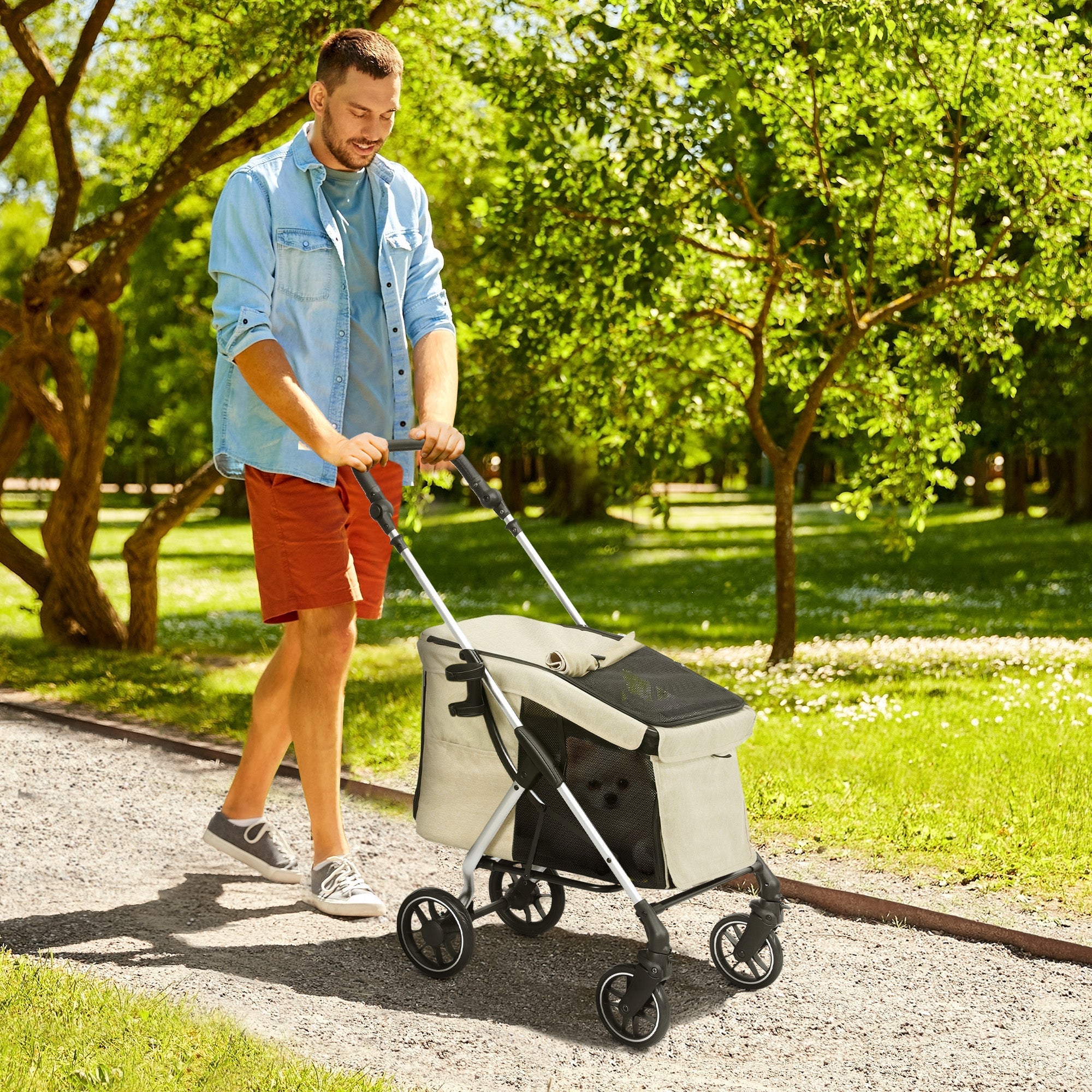 Dog Stroller, Lightweight Foldable, Aluminum Khaki