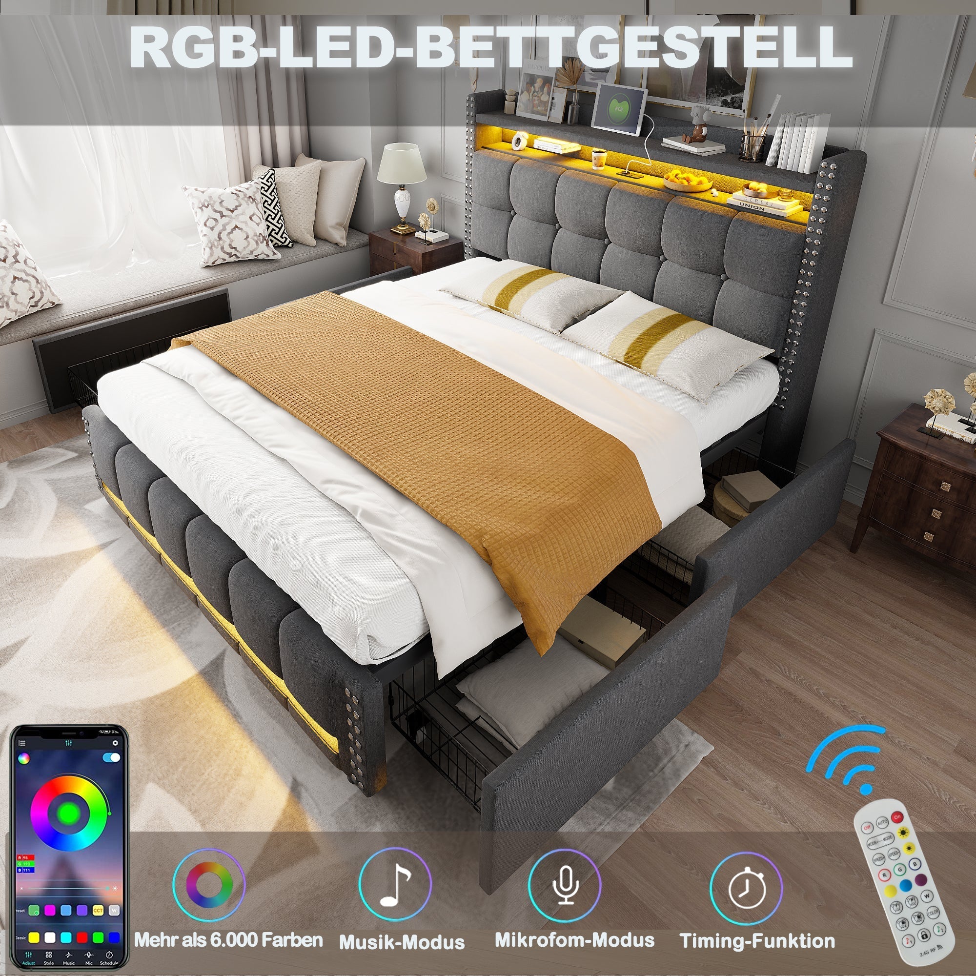 Upholstered Bed 140x200cm, LED & USB, 4-Drawer Storage, Linen Gray
