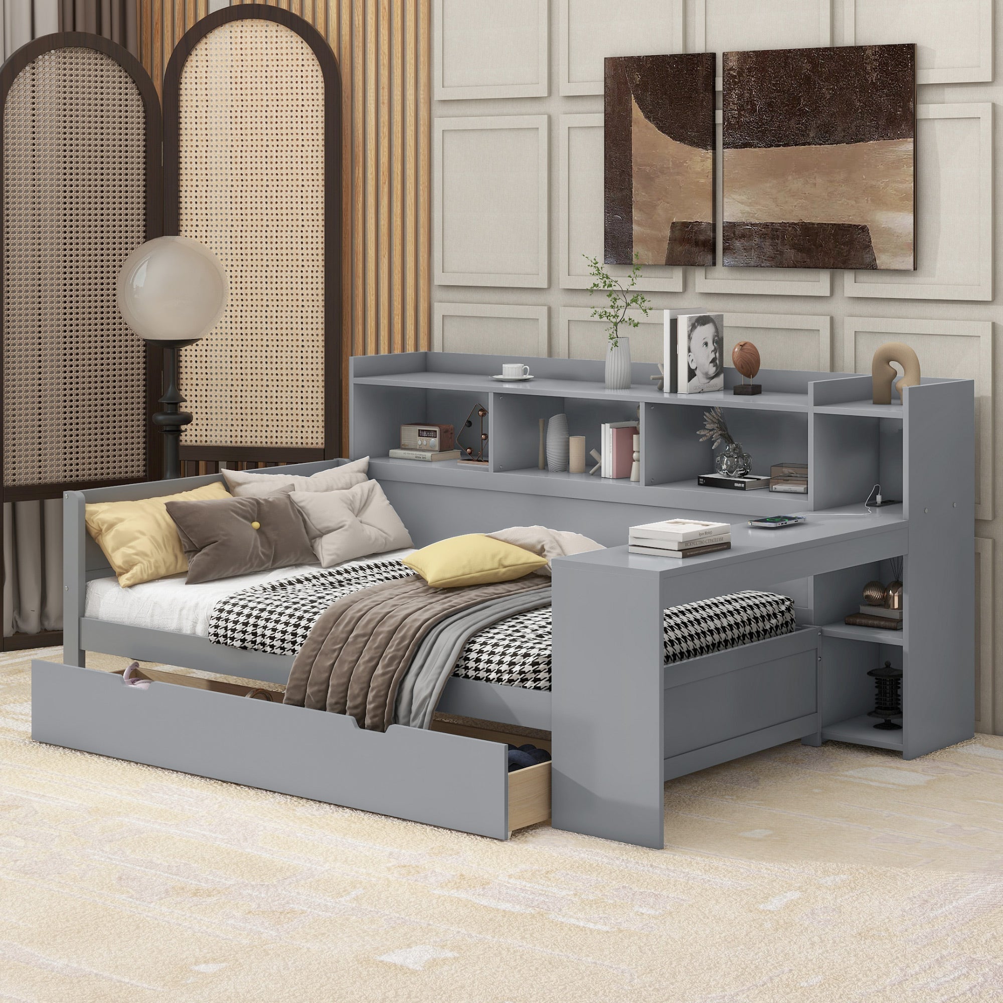 Sofa Bed Daybed, 90x200cm, USB, 2 Drawers, Desk, Grey Chipboard