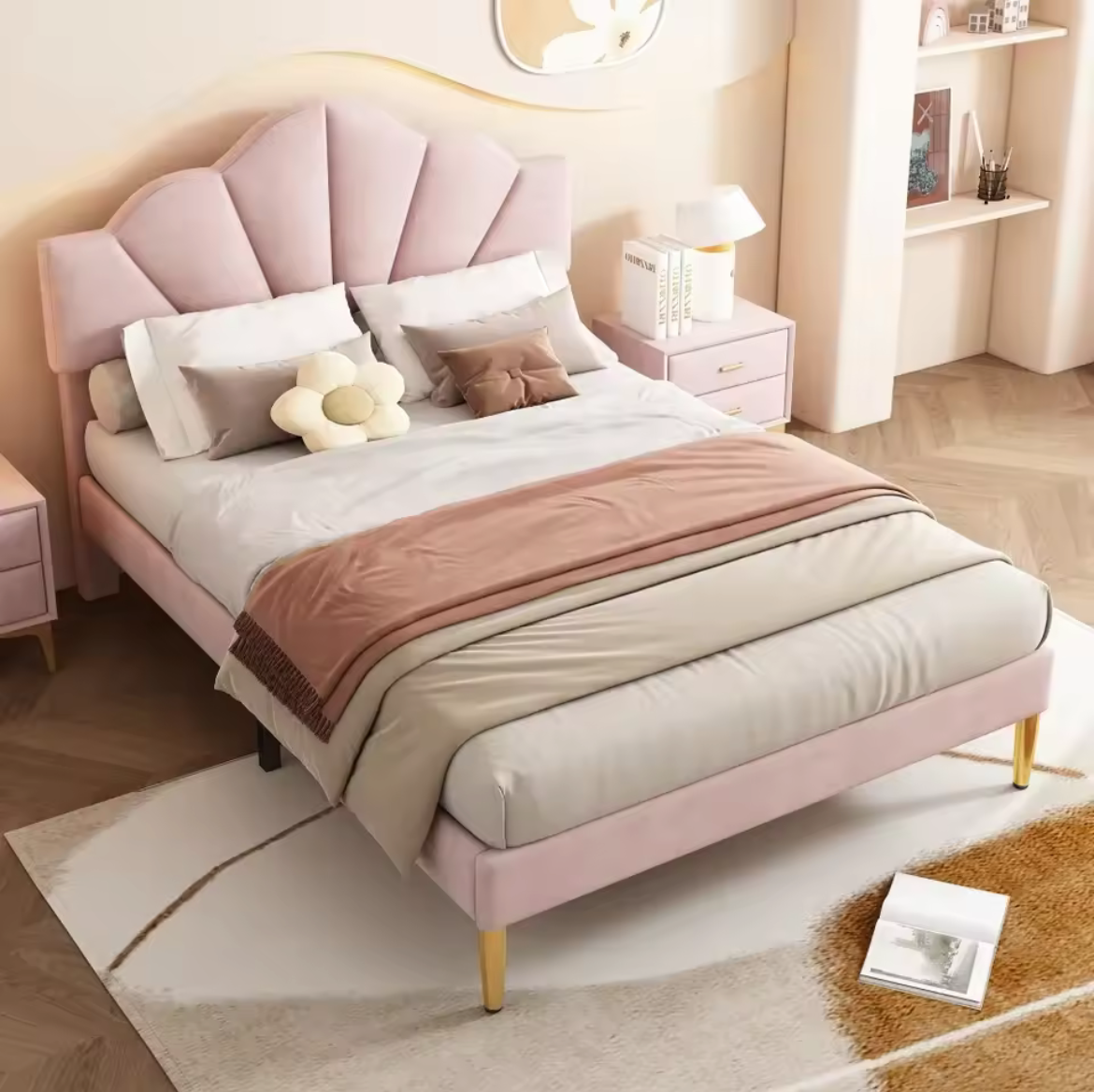 Upholstered Double Bed 140x190cm , Pink - Clearance
