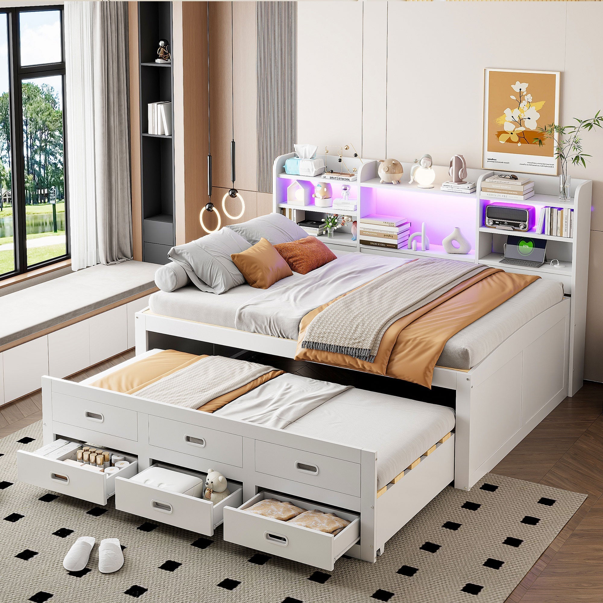 Daybed Sofa Bed 140x200cm Multifunctional Extendable with LED Lights 3 Drawers USB/Type-C White