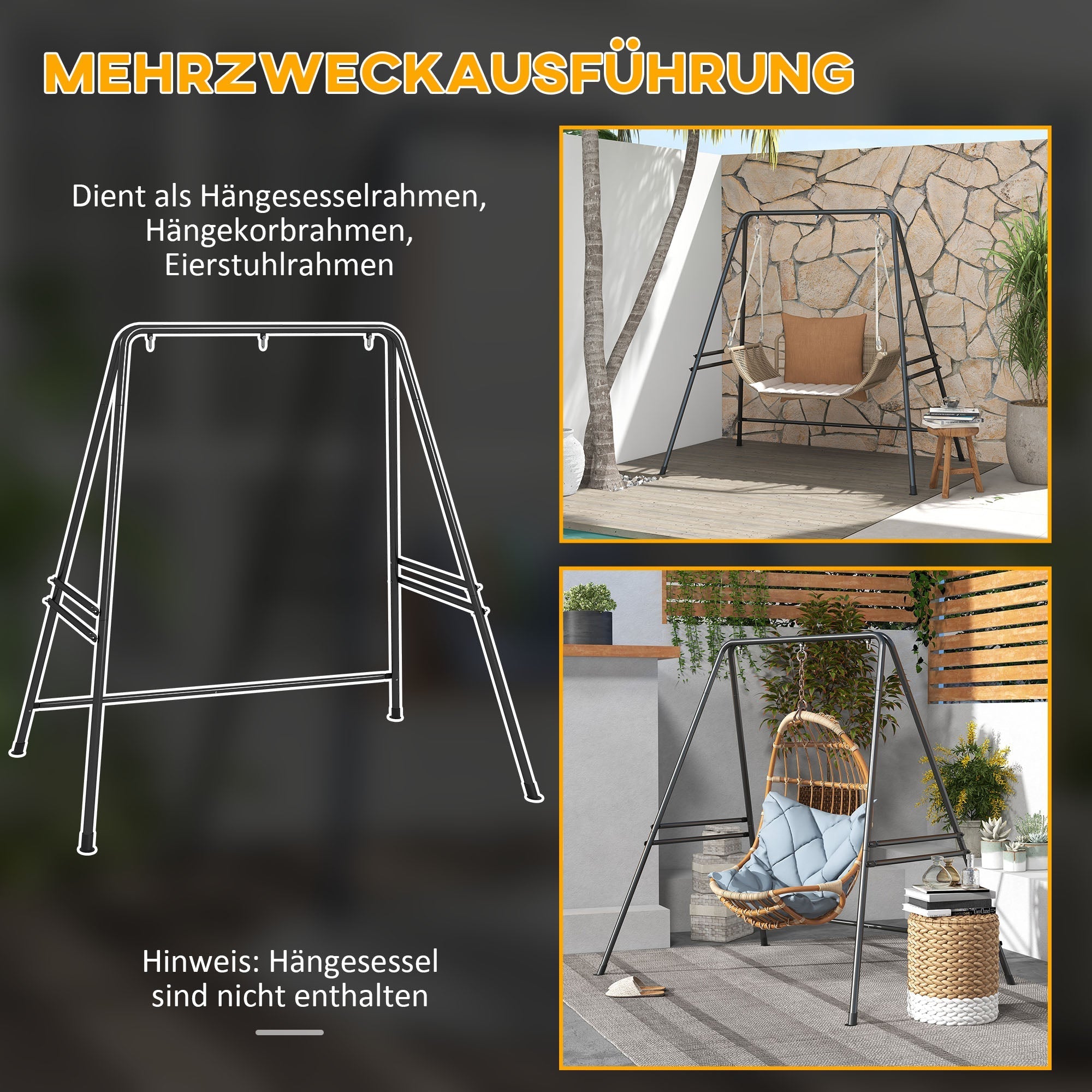 Steel Hanging Chair Frame 178x180cm, 150kg Capacity, Indoor/Outdoor Stand, Black