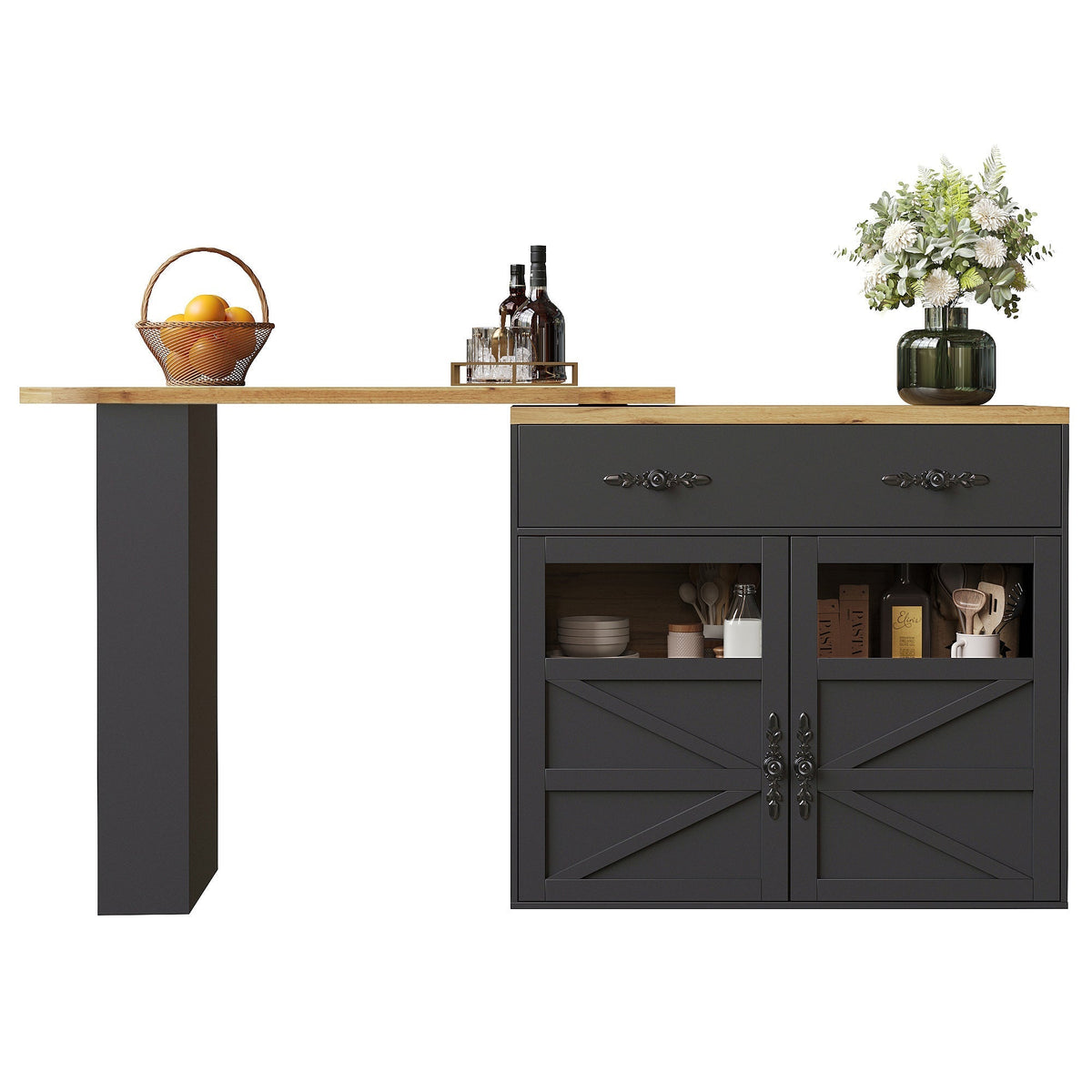 Bar Table Extendable 360° Rotating Storage Sideboard - Black