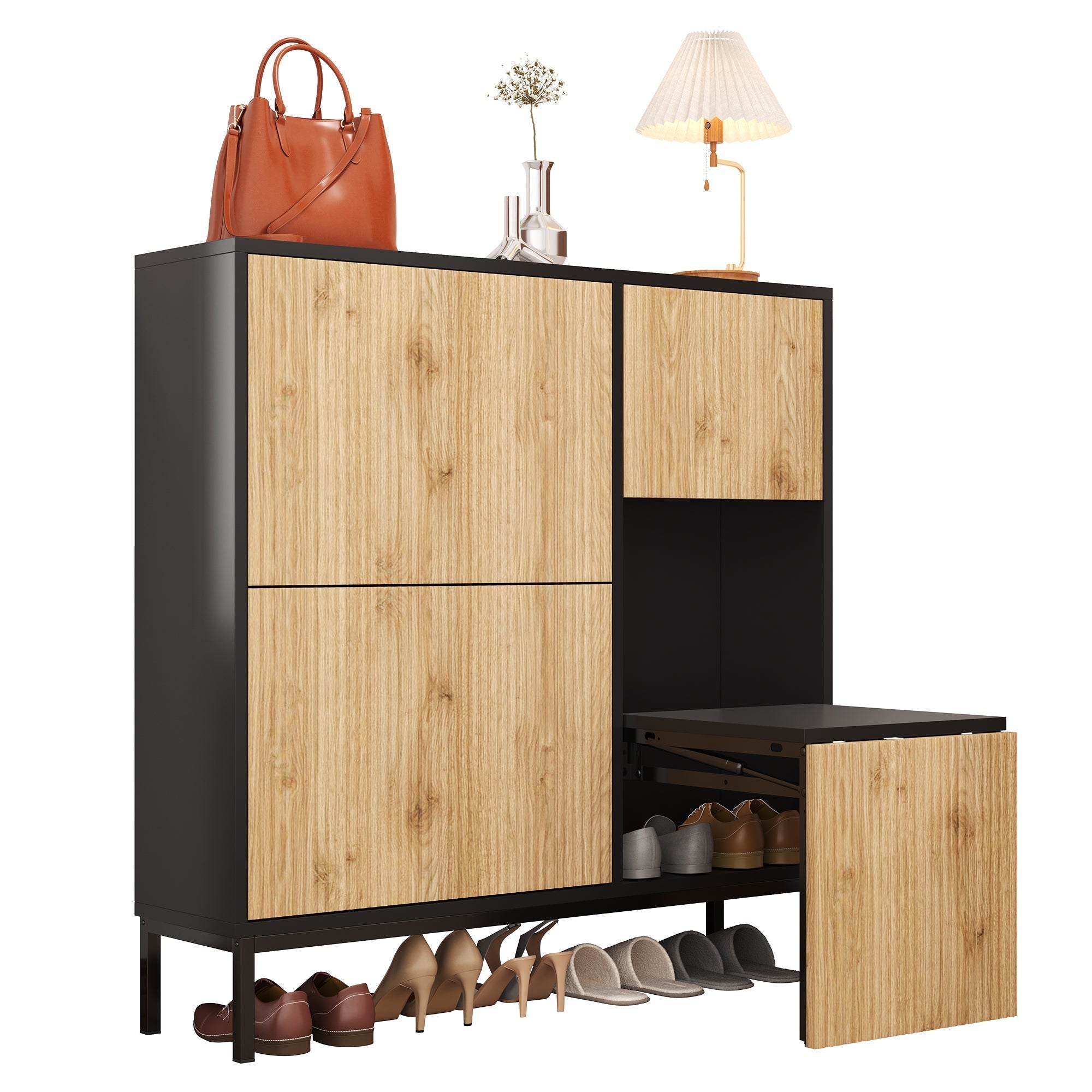 Shoe Cabinet with Changing Stool, 3 Flaps & Open Storage, Black + Wood Color