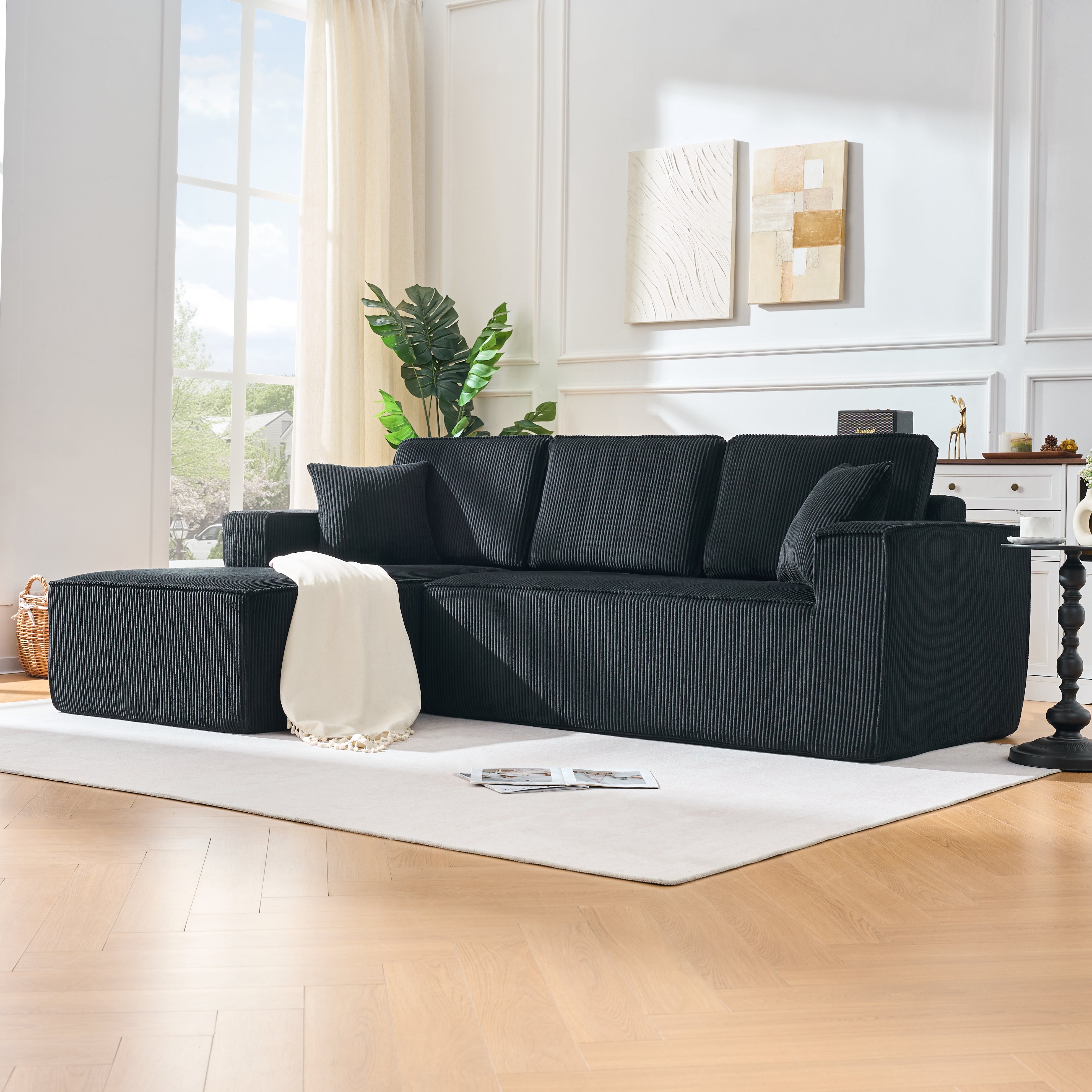 L-shaped Modular Corner Sofa 2-Seater Chaise Black Corduroy Fabric