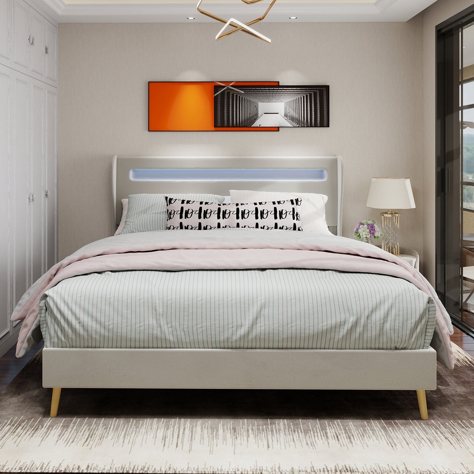 Upholstered Bed, Modern Minimalist with LED Headboard, 140x200 cm, Beige