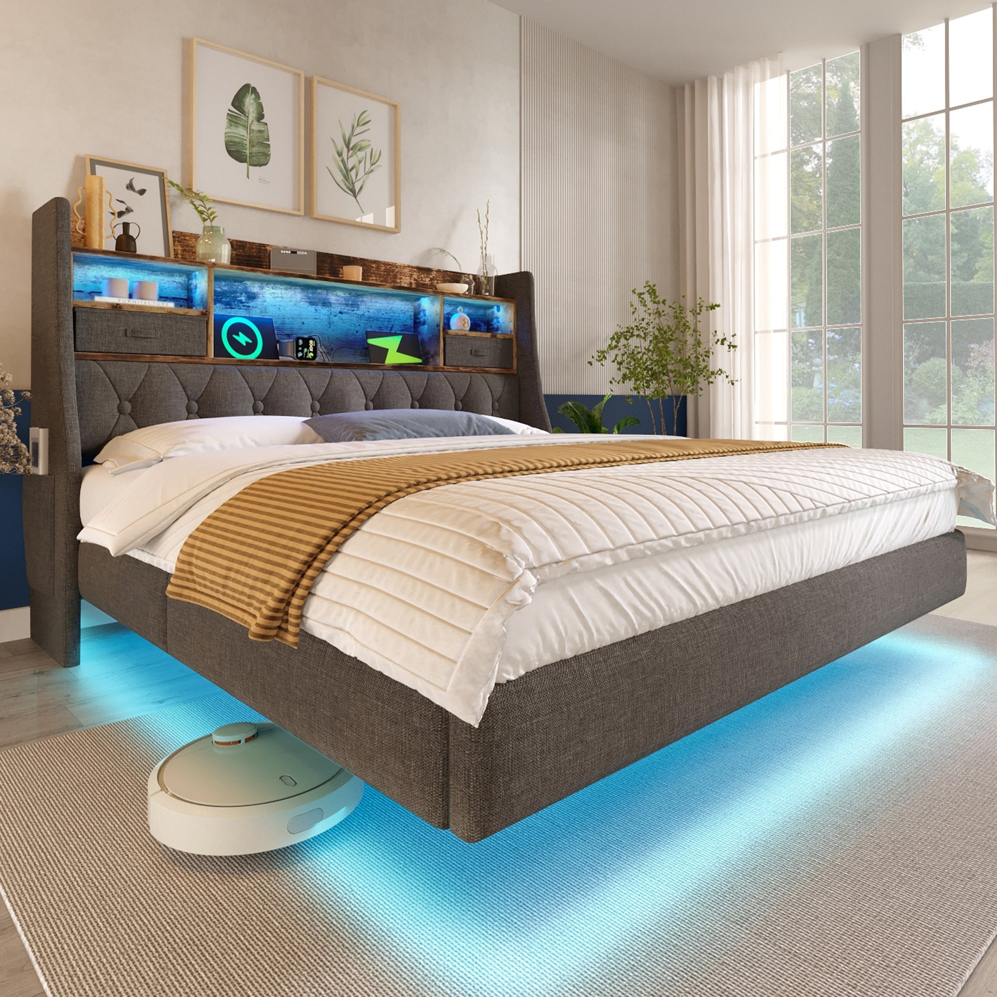Floating Upholstered Bed with LED and Charging Station, 140x190cm, Grey Linen