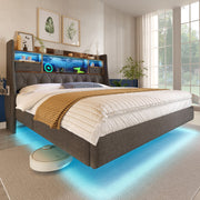 Upholstered Bed 140x200 Floating LED Storage Headboard Charging Station, Linen Grey