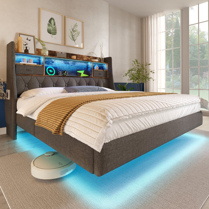 Upholstered Bed 140x200 Floating LED Storage Headboard Charging Station, Linen Grey