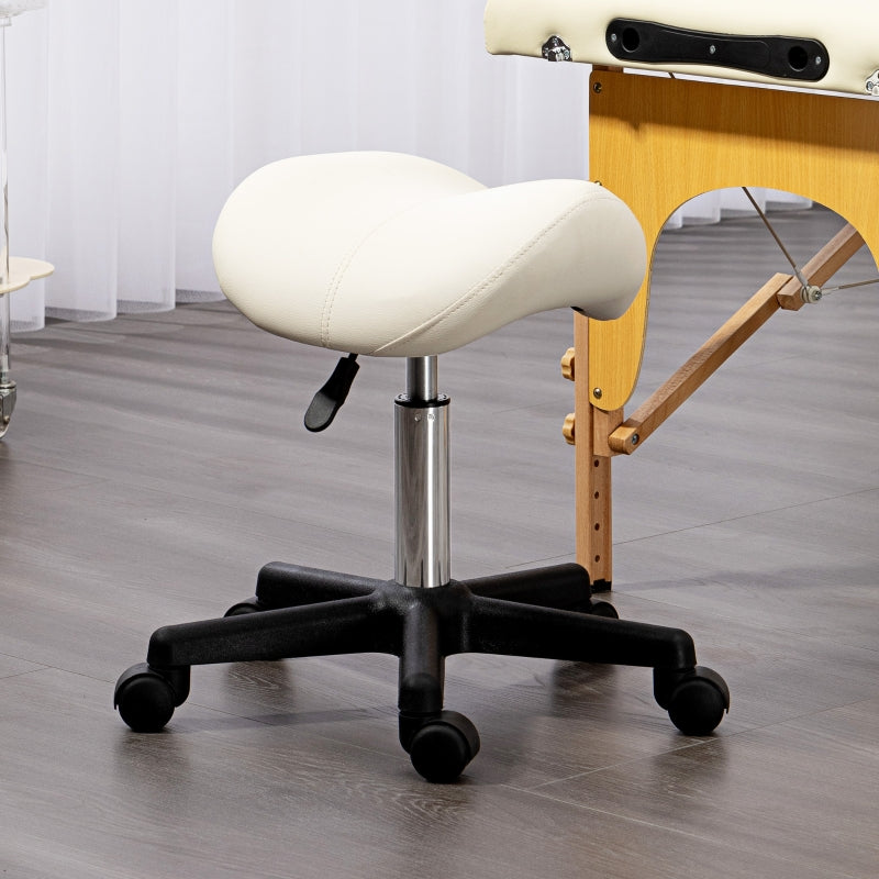 Saddle Stool Adjustable Rolling Salon Chair Steel Frame, PU Leather White