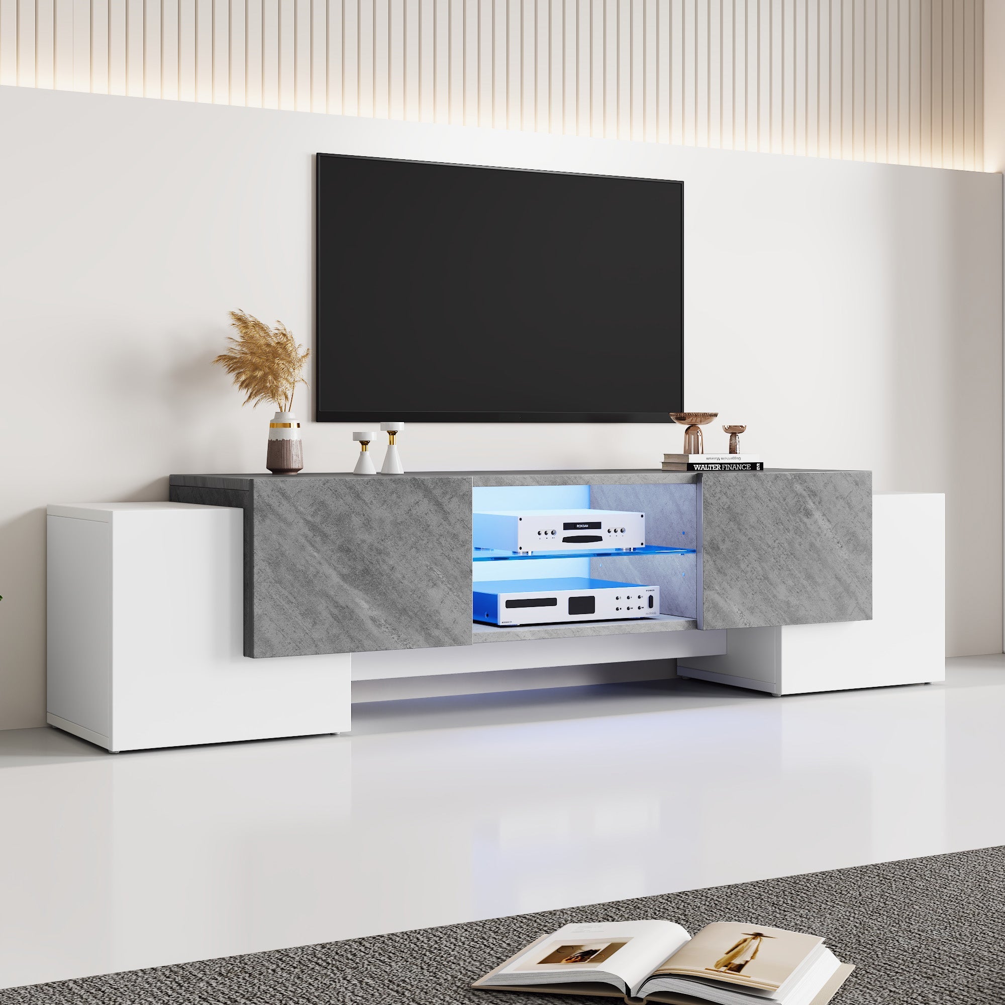 TV Cabinet 180*40*46.5cm, Lowboard with Bluetooth LED, White & Gray