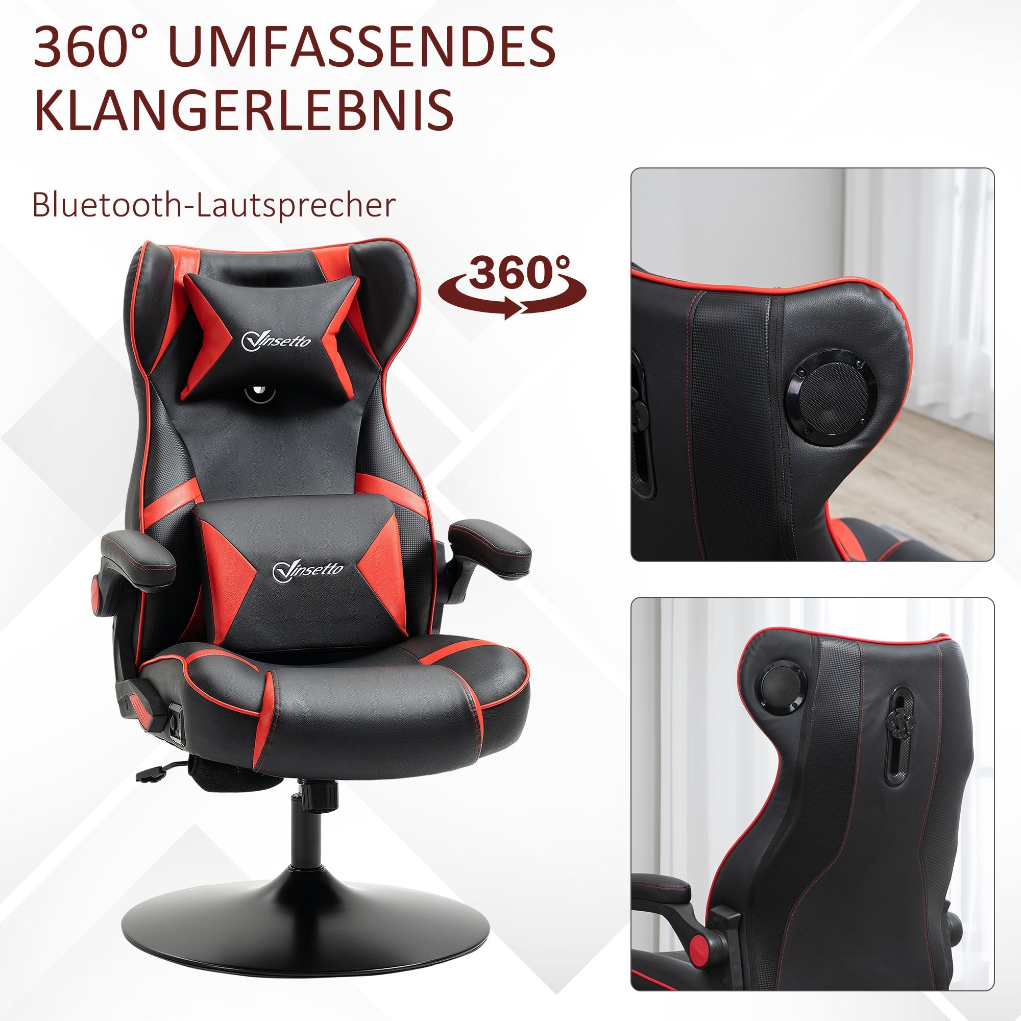 Vinsetto Gaming Chair, Height Adjustable, Rocking, Speakers, Ergonomic, Faux Leather
