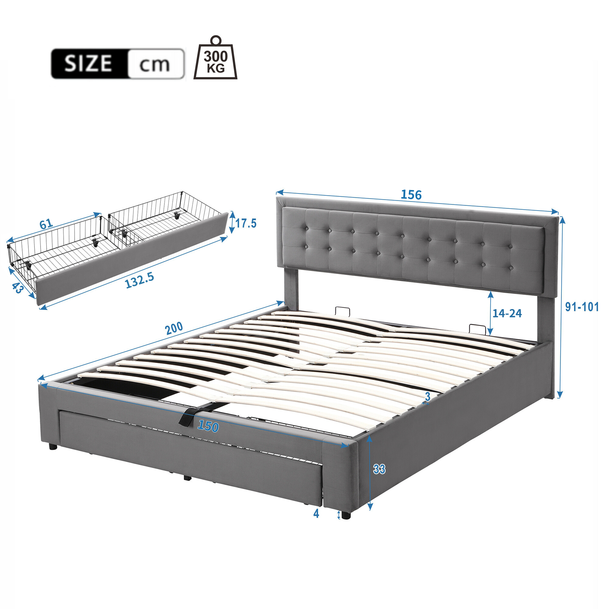 Upholstered Bed, King Size (150x200cm) with Storage, Slats & Headboard, Velvet Fabric, Grey