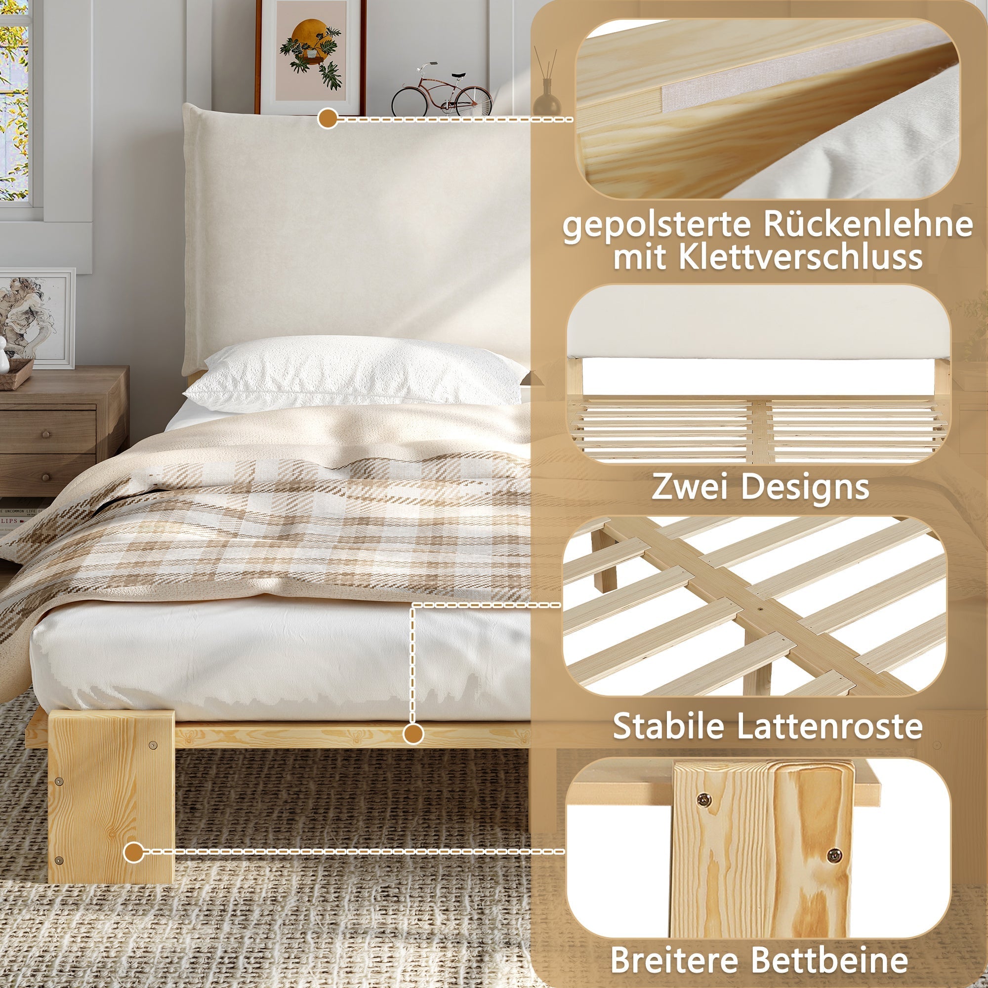 Upholstered Bed with Padded Headboard and Sturdy Slatted Base, 140x200cm, Natural Pine