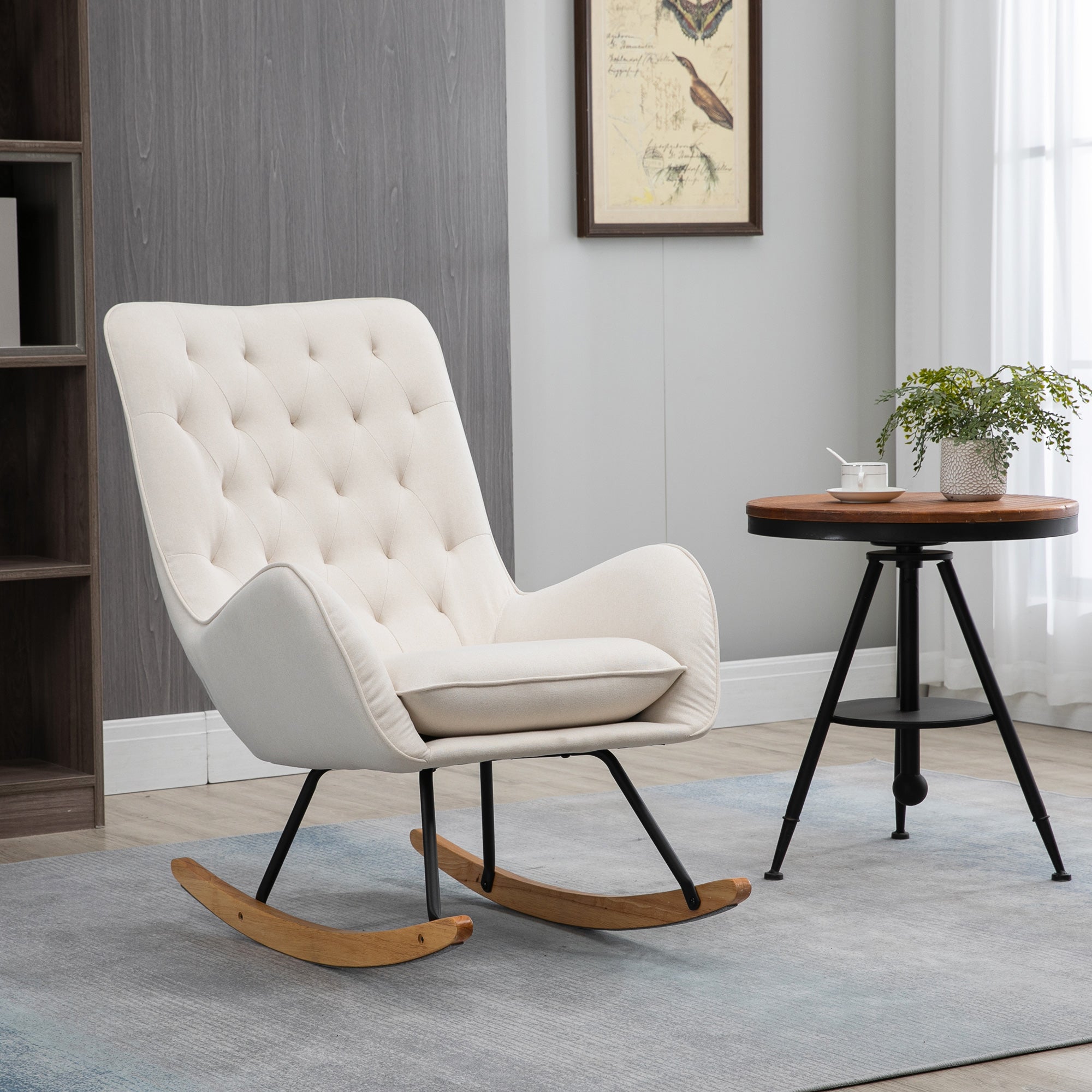 Rocking Chair Recliner Swivel Wooden Metal Frame, Cream-White Linen