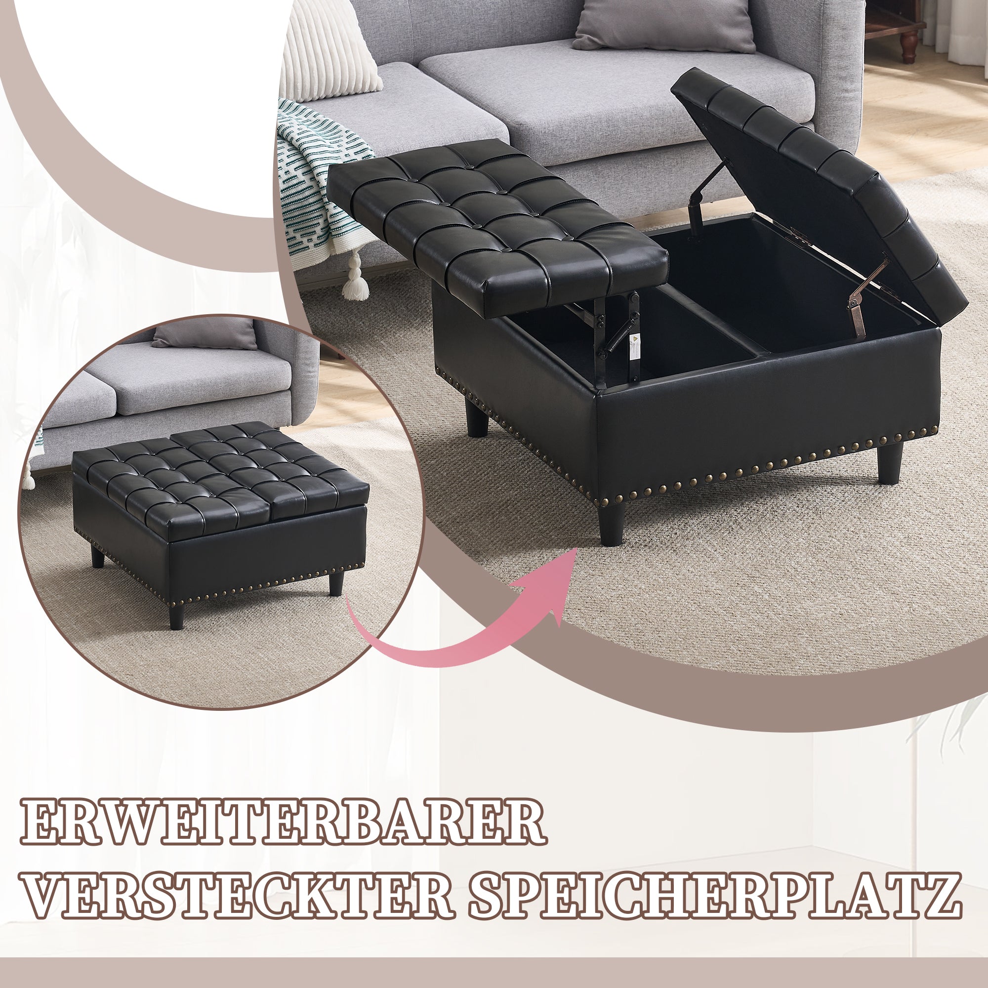 Storage Chair, Large Square Liftable Bench with Space, Black PU
