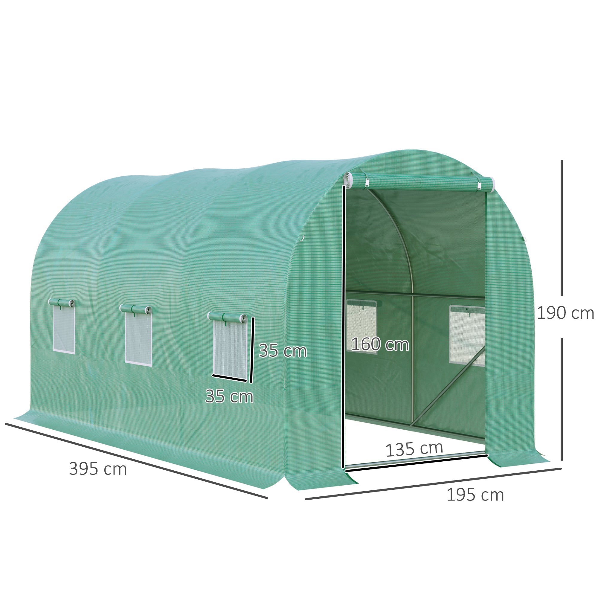 4 x 2 x 2 m Polytunnel Greenhouse, Roll-up Door 6 Mesh Windows Galvanised Steel Frame, Green