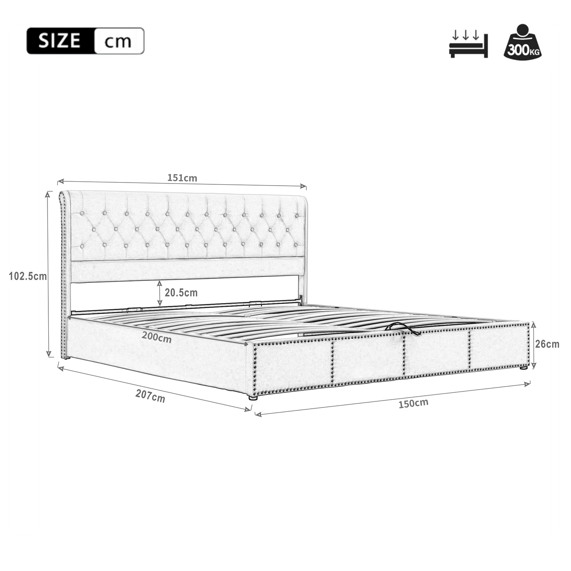 Upholstered Bed King Size with Hydraulic Storage and Rivet Decoration, Linen Light Grey