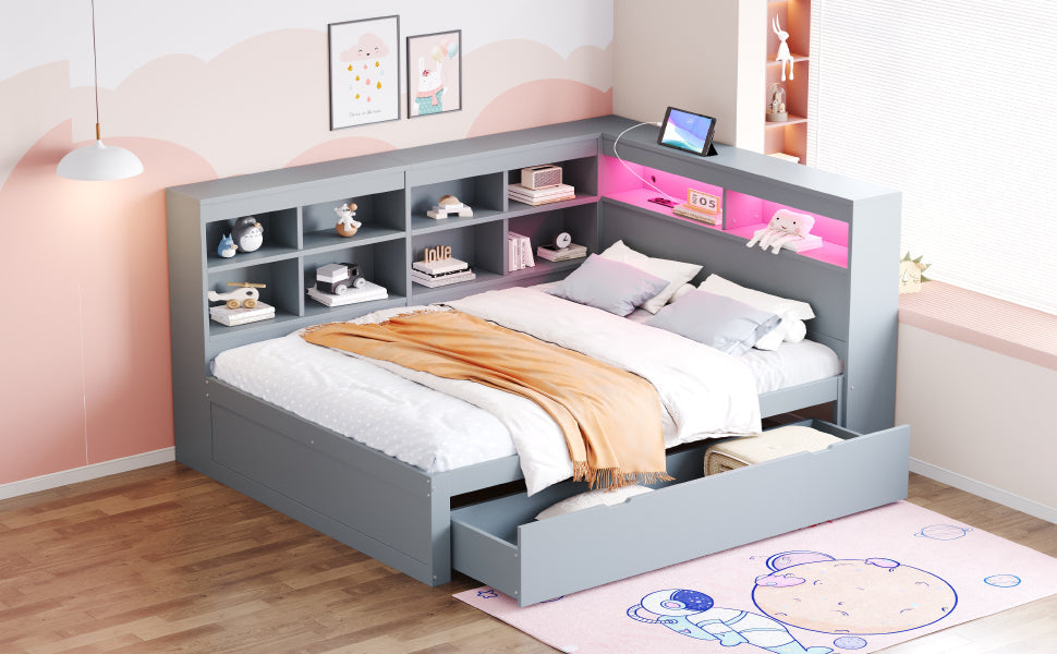 Solid Wood Sofa 140x200cm, Extra Large Drawers, USB, LED, Grey