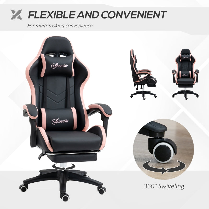 Computer Gaming Chair, 135° Reclining Footrest Lumbar Support, Black and Pink PU Leather