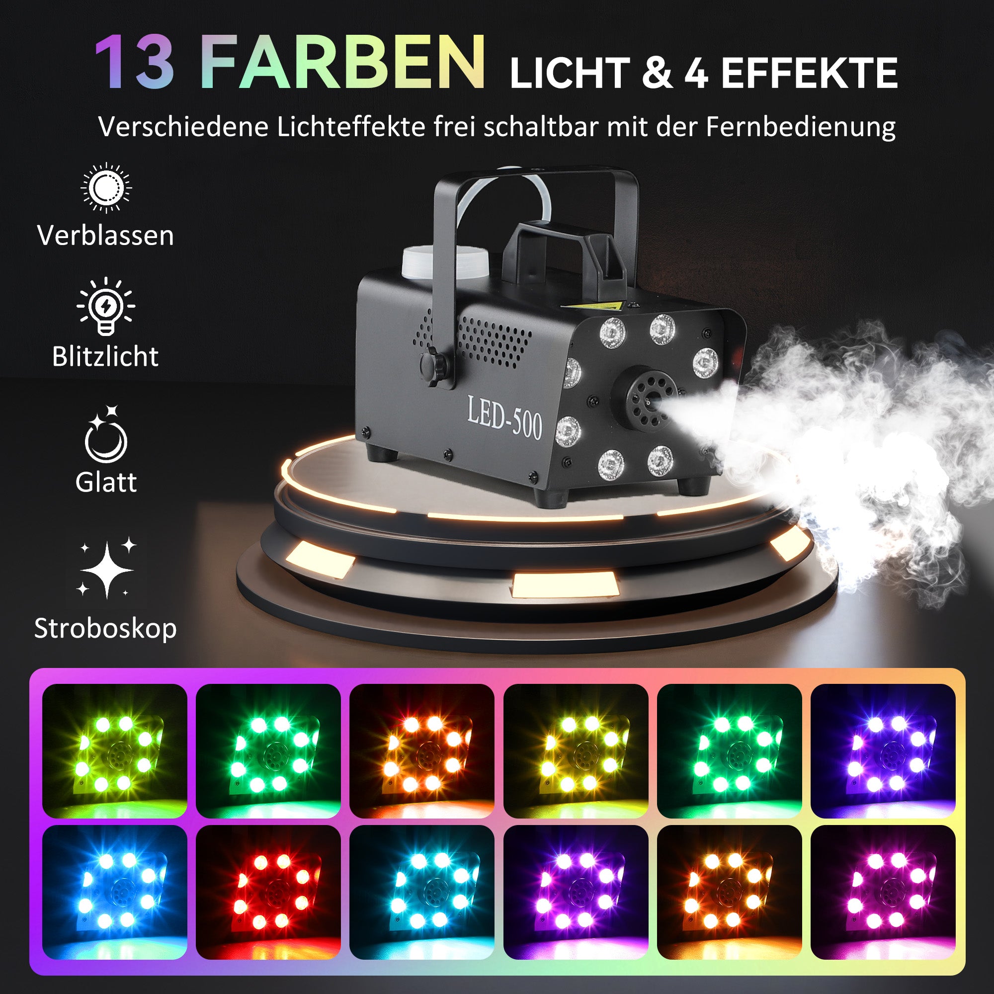 Fog machine 450W with 13 colored LED lights and RGB effect, wired and wireless remote controls