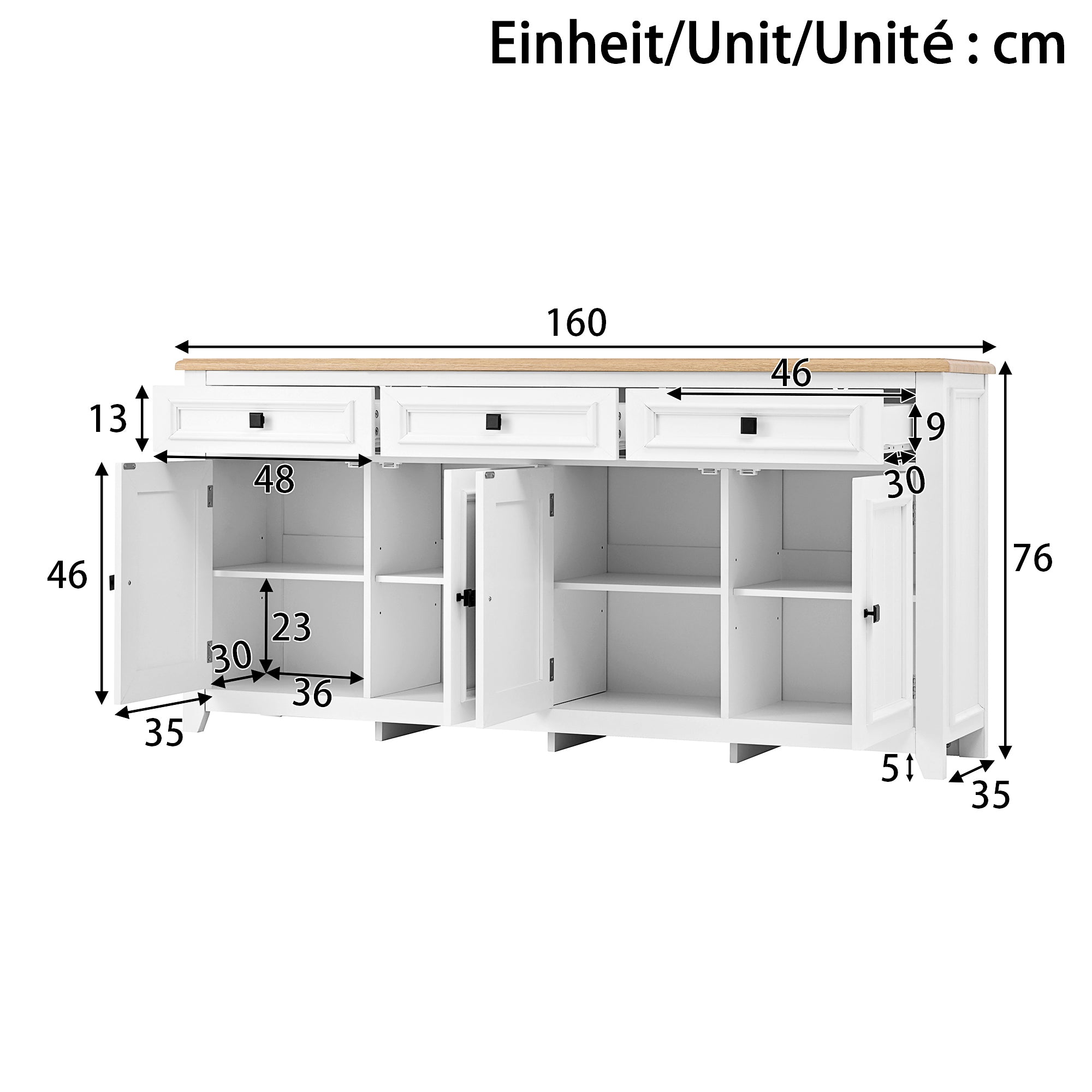 Sideboard Cabinet Buffet Storage Set, 160L x 35W x 76H cm, Modern and Simple White MDF
