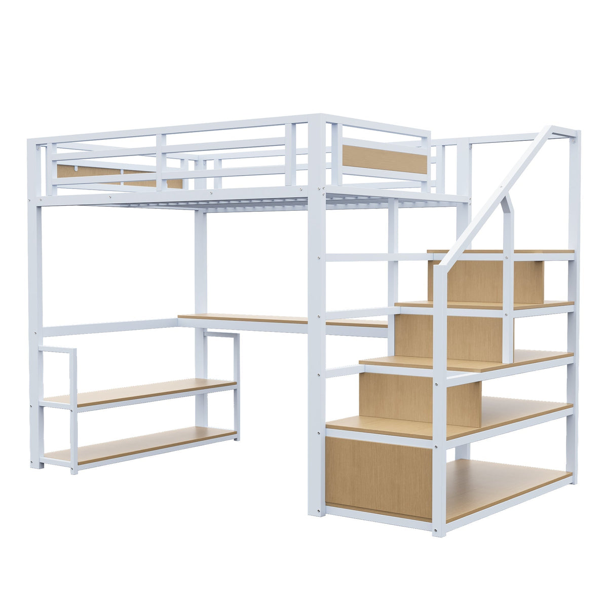 Metal Loft Bed 140x200 Storage Ladder Shelves Table, White