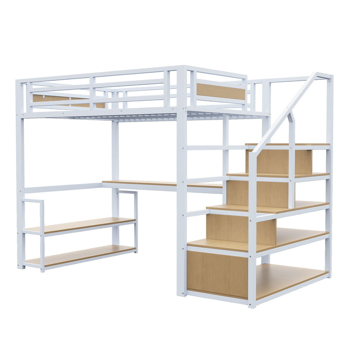 Metal Loft Bed with Storage Ladder, Shelves and Table, 140x200cm, White Metal