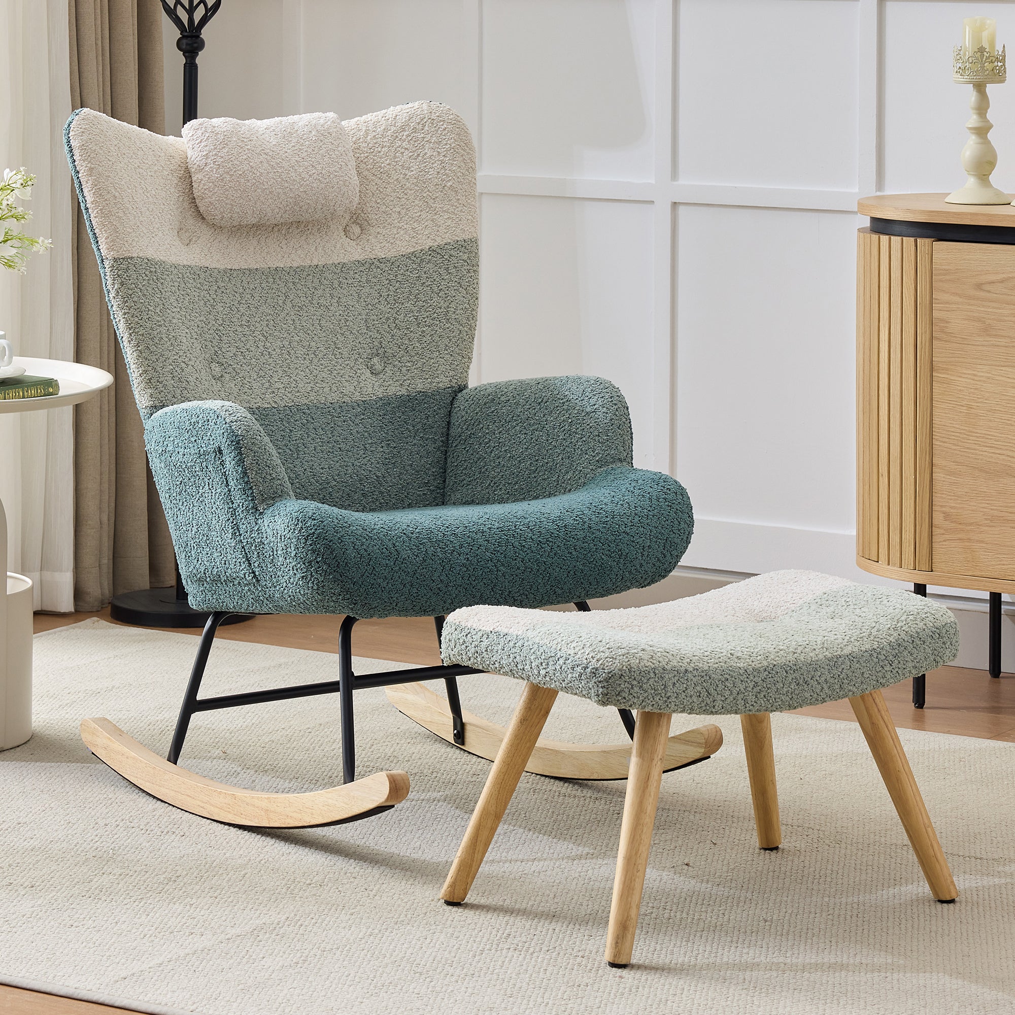 Boucle Rocking Chair Patchwork Stripe Rubberwood Iron Frame with Footstool, Colorful Look