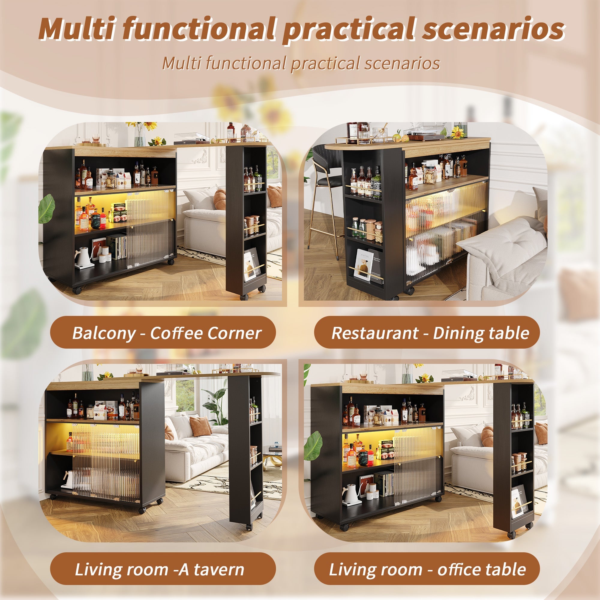 Extendable Bar Table Telescopic with LED Light Storage Cabinet Black