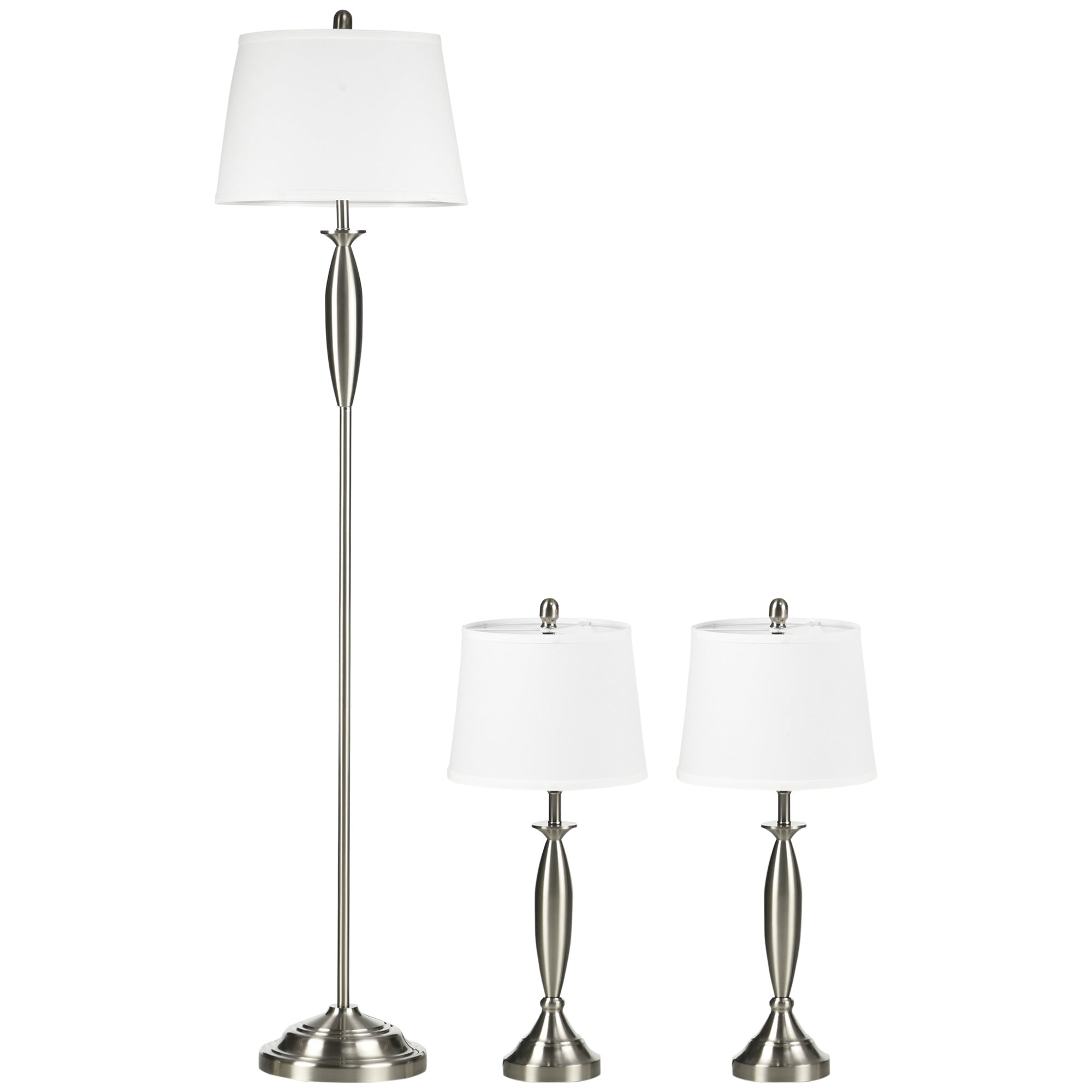 3-Piece Lamp Set: Floor Lamp & 2 Table Lamps E27, Silver and White