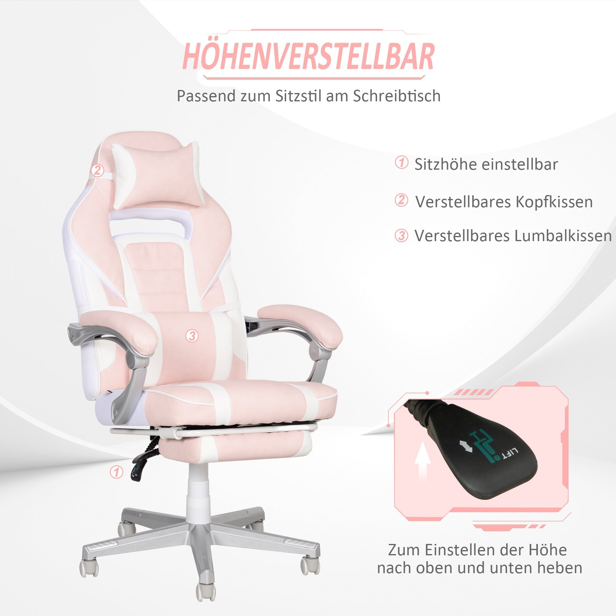 Gaming Chair, Height-Adjustable Swivel with Footrest, Pink Faux Leather