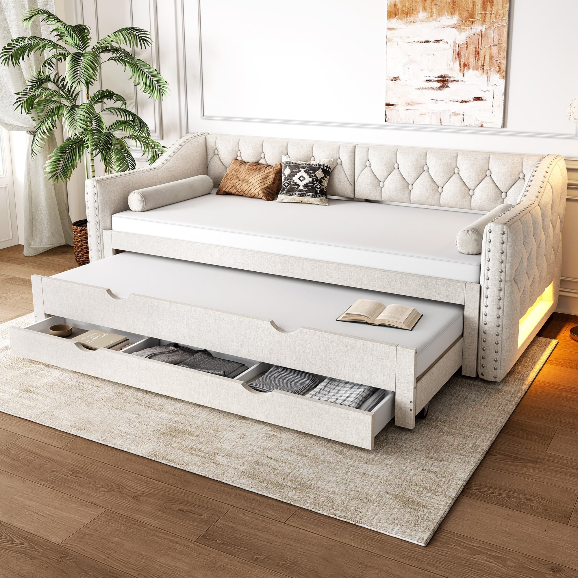 Upholstered Daybed 90x200 LED Pull-Out Bed 3 Drawers - Beige