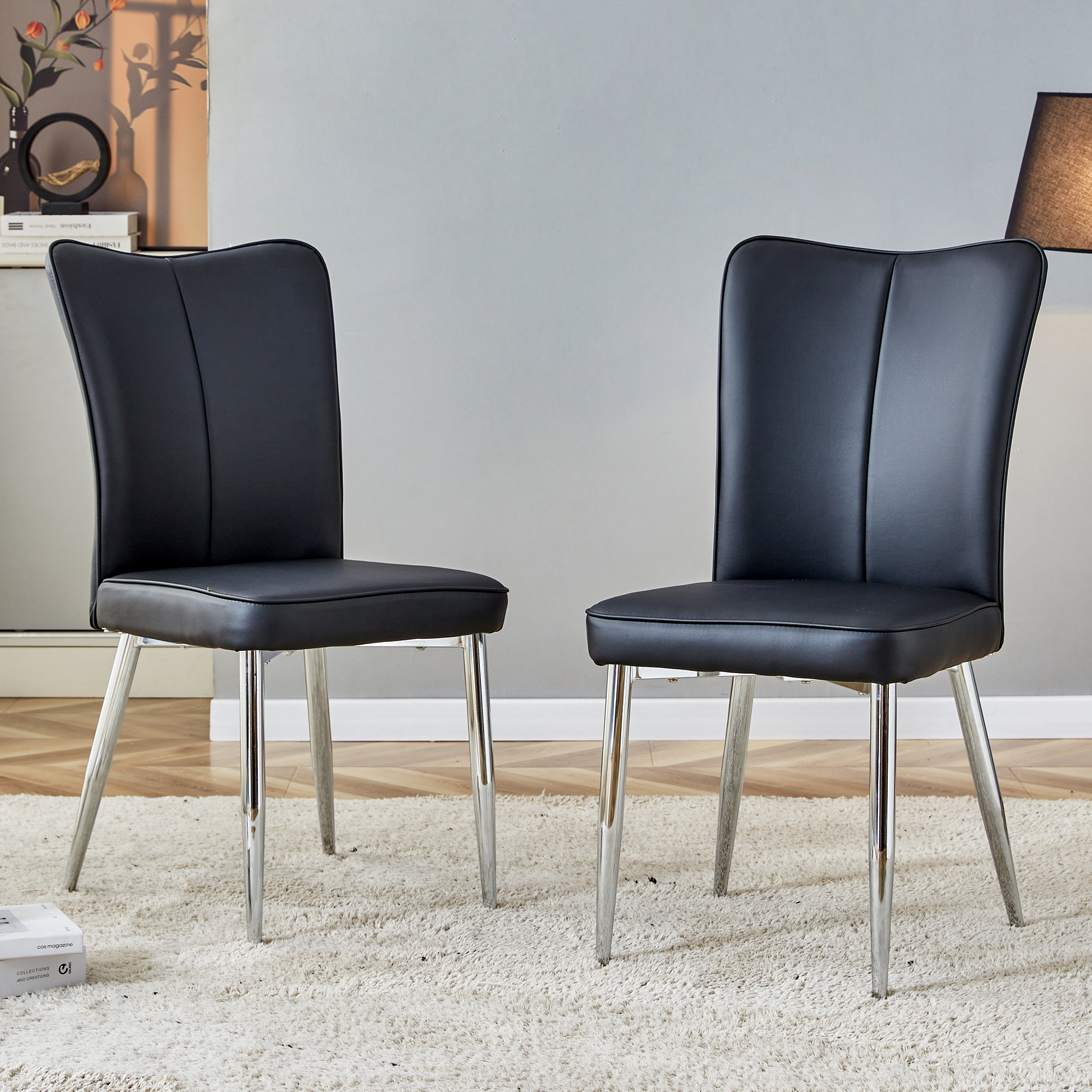 2 Dining Chairs Modern PU Silver Metal Legs 89cm High - Black
