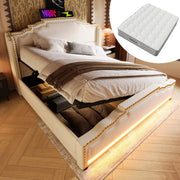 Upholstered Bed 140x200, Hydraulic Storage, LED, USB-C, Slatted Frame, Beige Velvet